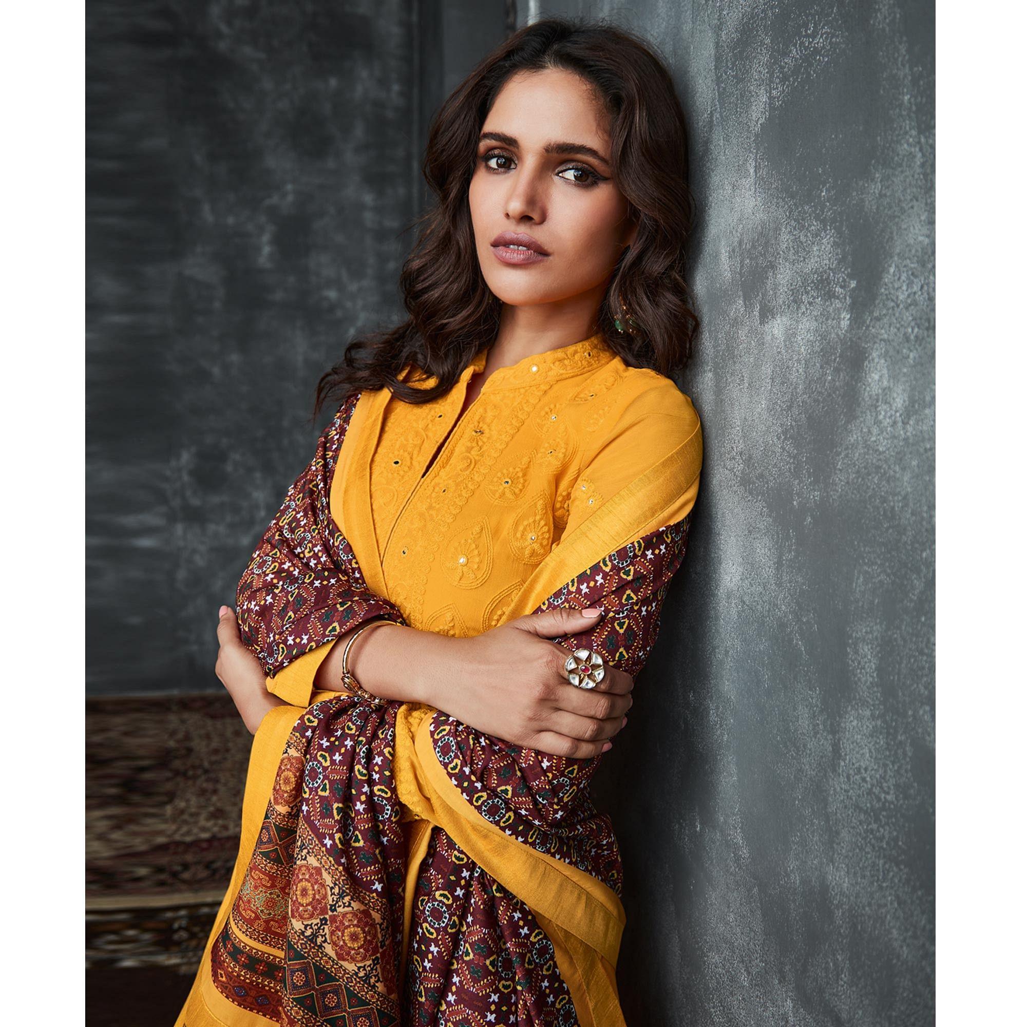 Yellow Lakhnavi Embroidery Georgette Partywear Palazzo Suit - Peachmode