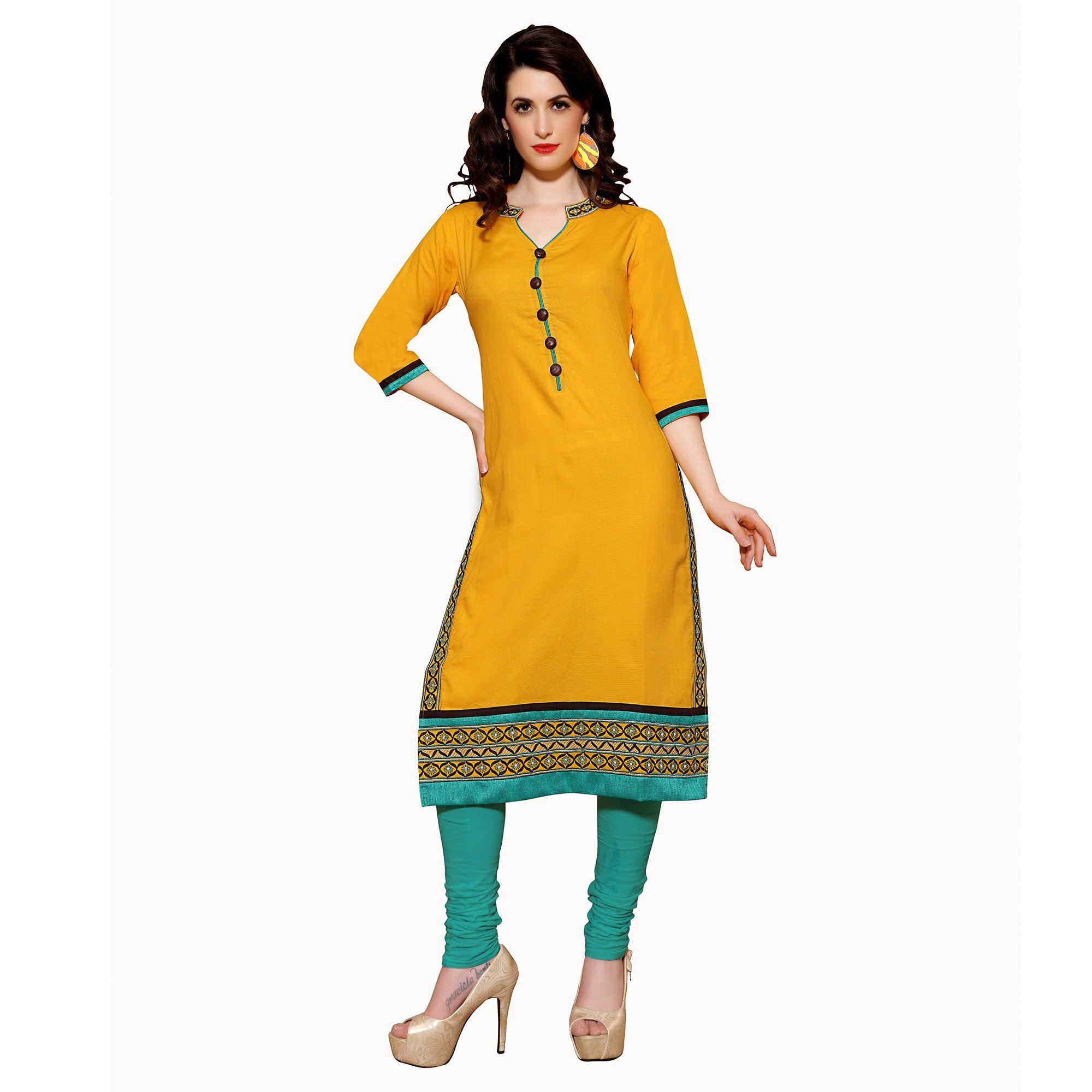 Yellow Long Kurti with Thread Embroidery - Peachmode
