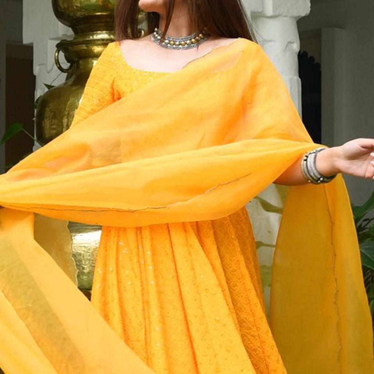 Yellow Lucknowi Chikankari With Embroidery Rayon Partywear Gown - Peachmode