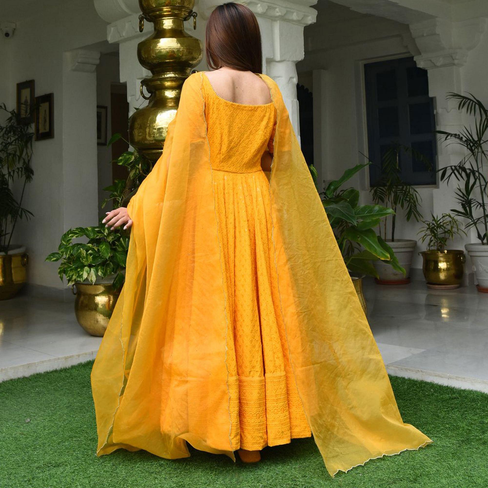 Yellow Lucknowi Chikankari With Embroidery Rayon Partywear Gown - Peachmode