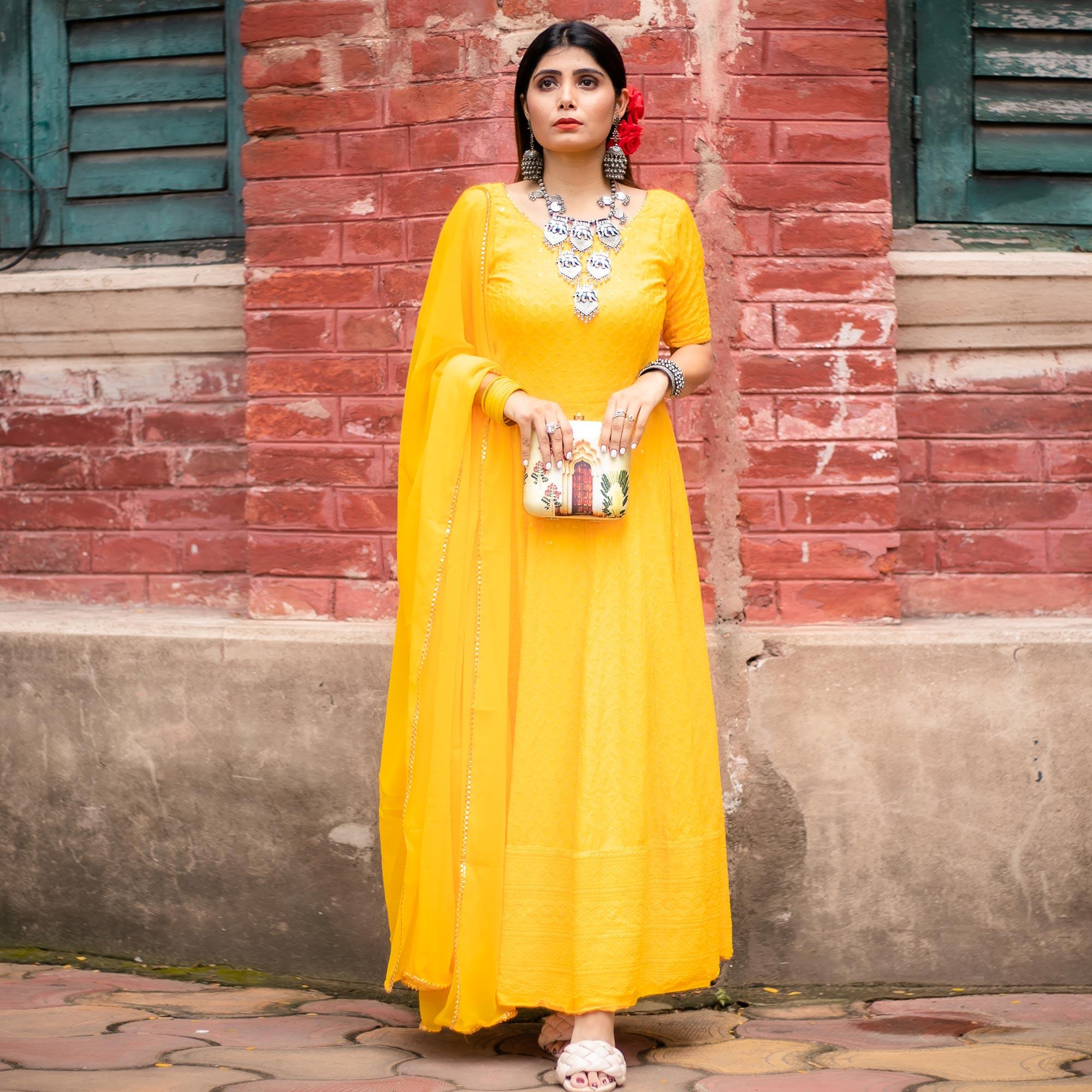 Yellow Lucknowi Chikankari With Embroidery Rayon Partywear Gown - Peachmode