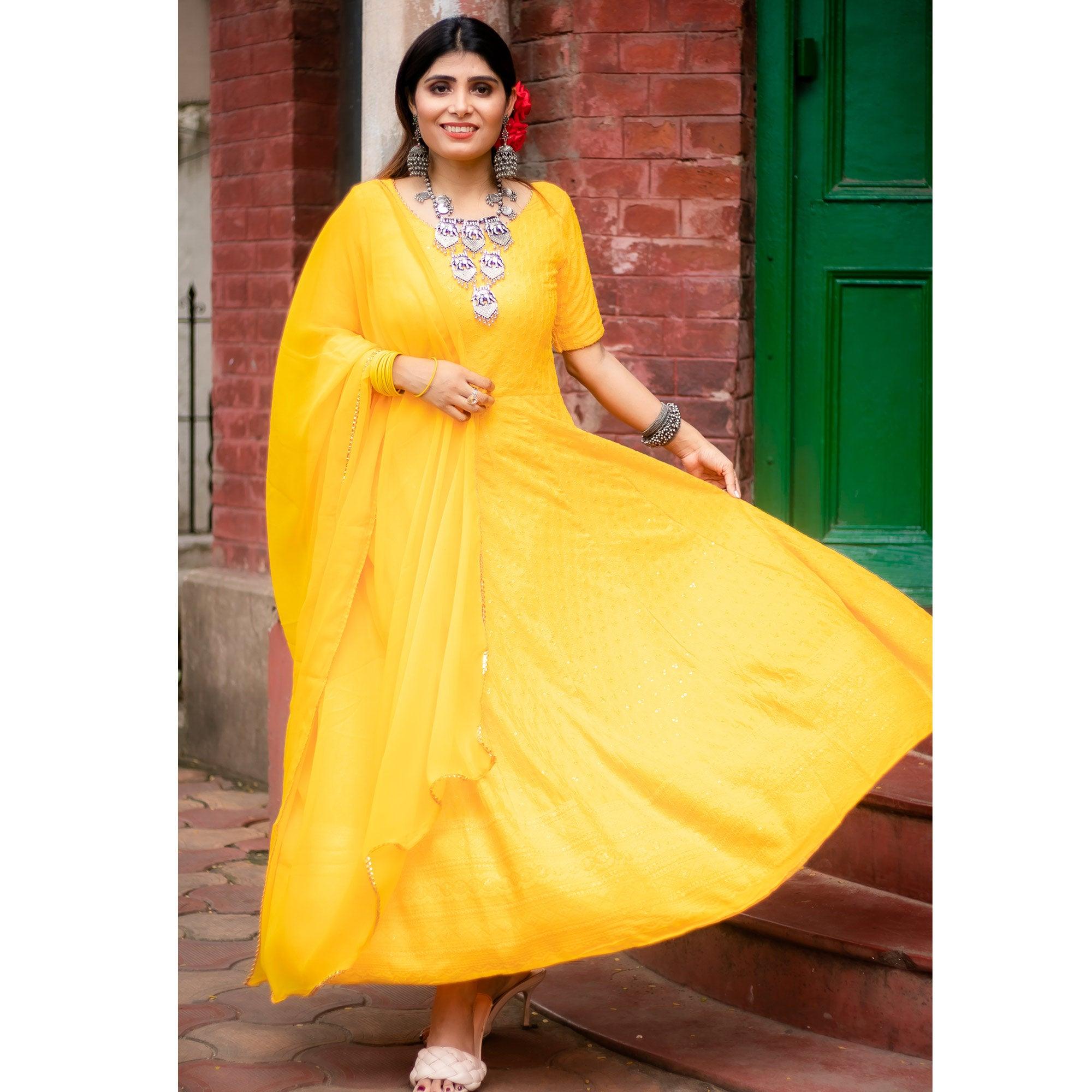 Yellow Lucknowi Chikankari With Embroidery Rayon Partywear Gown - Peachmode