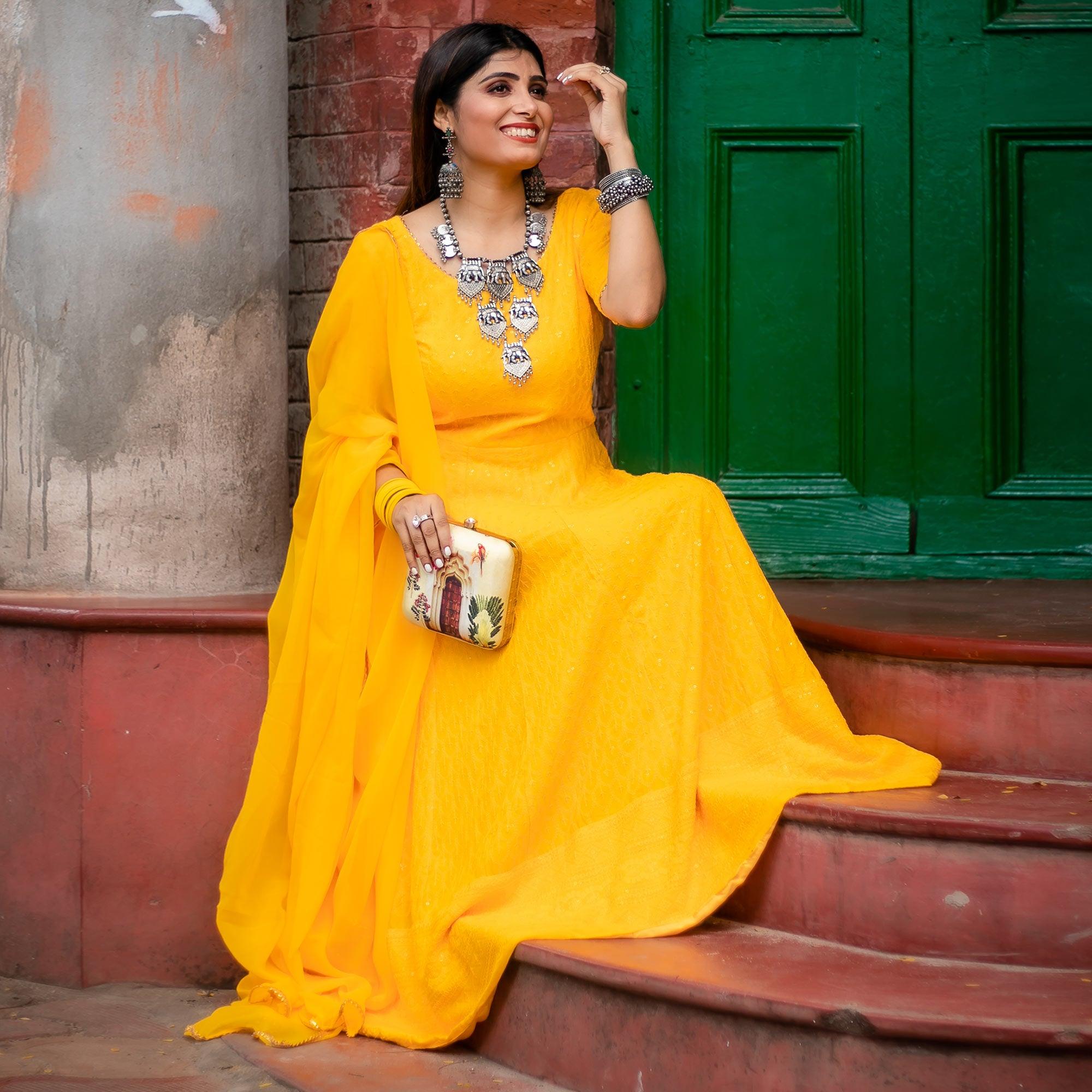 Yellow Lucknowi Chikankari With Embroidery Rayon Partywear Gown - Peachmode