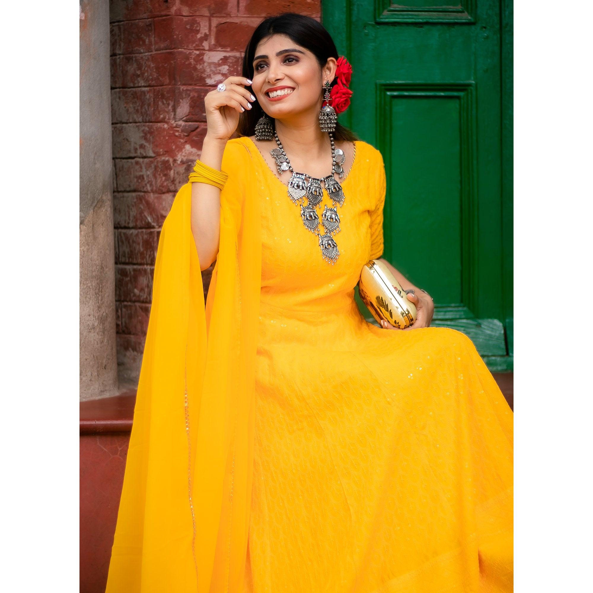 Yellow Lucknowi Chikankari With Embroidery Rayon Partywear Gown - Peachmode