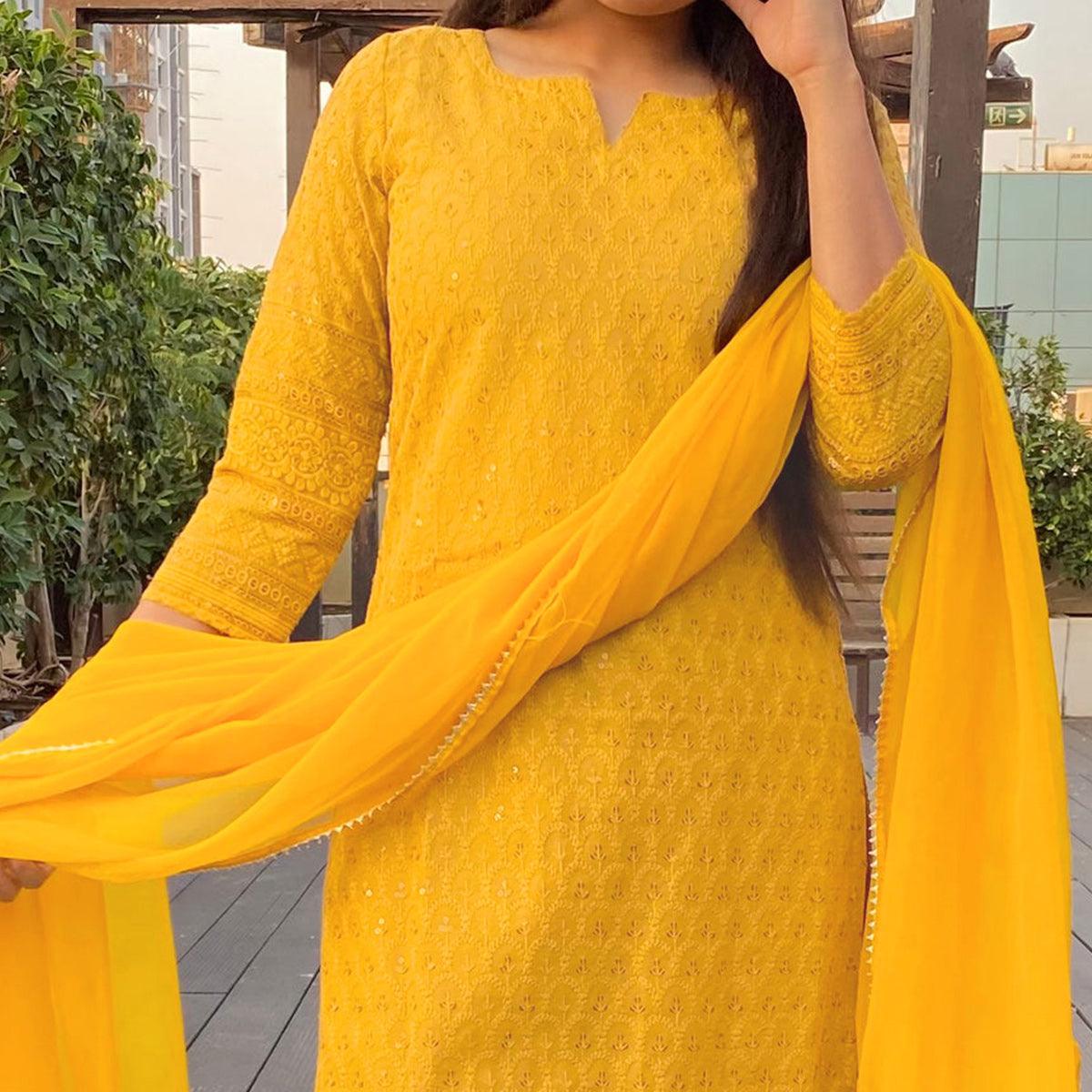 Yellow Lucknowi Chikankari Work Rayon Kurti Pant Set With Dupatta - Peachmode