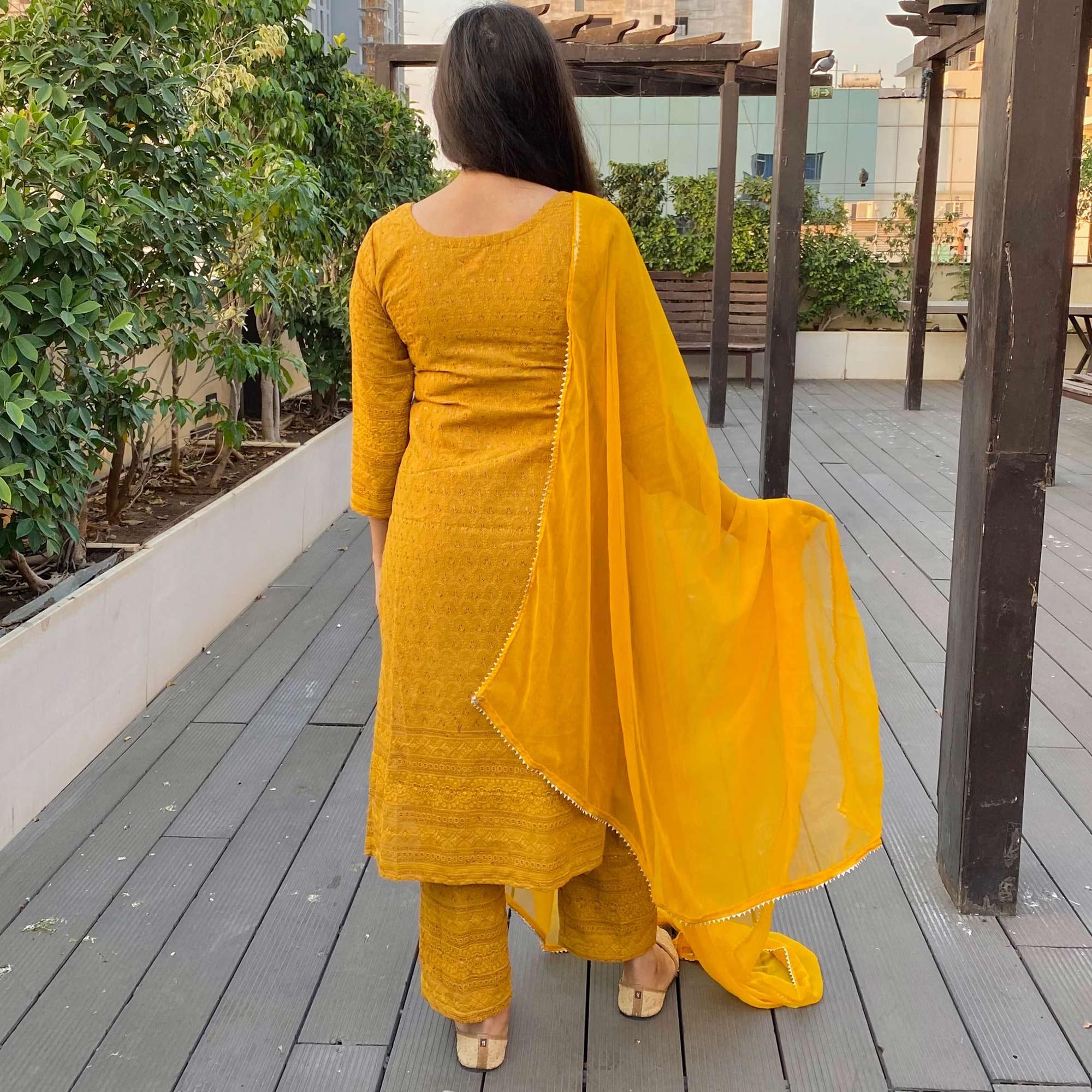 Yellow Lucknowi Chikankari Work Rayon Kurti Pant Set With Dupatta - Peachmode