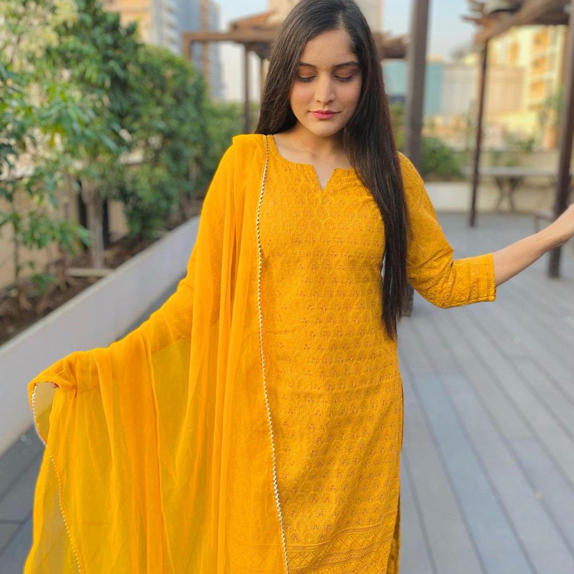 Yellow Lucknowi Chikankari Work Rayon Kurti Pant Set With Dupatta - Peachmode