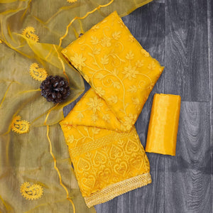Yellow Lucknowi Embroidered Organza Dress Material - Peachmode