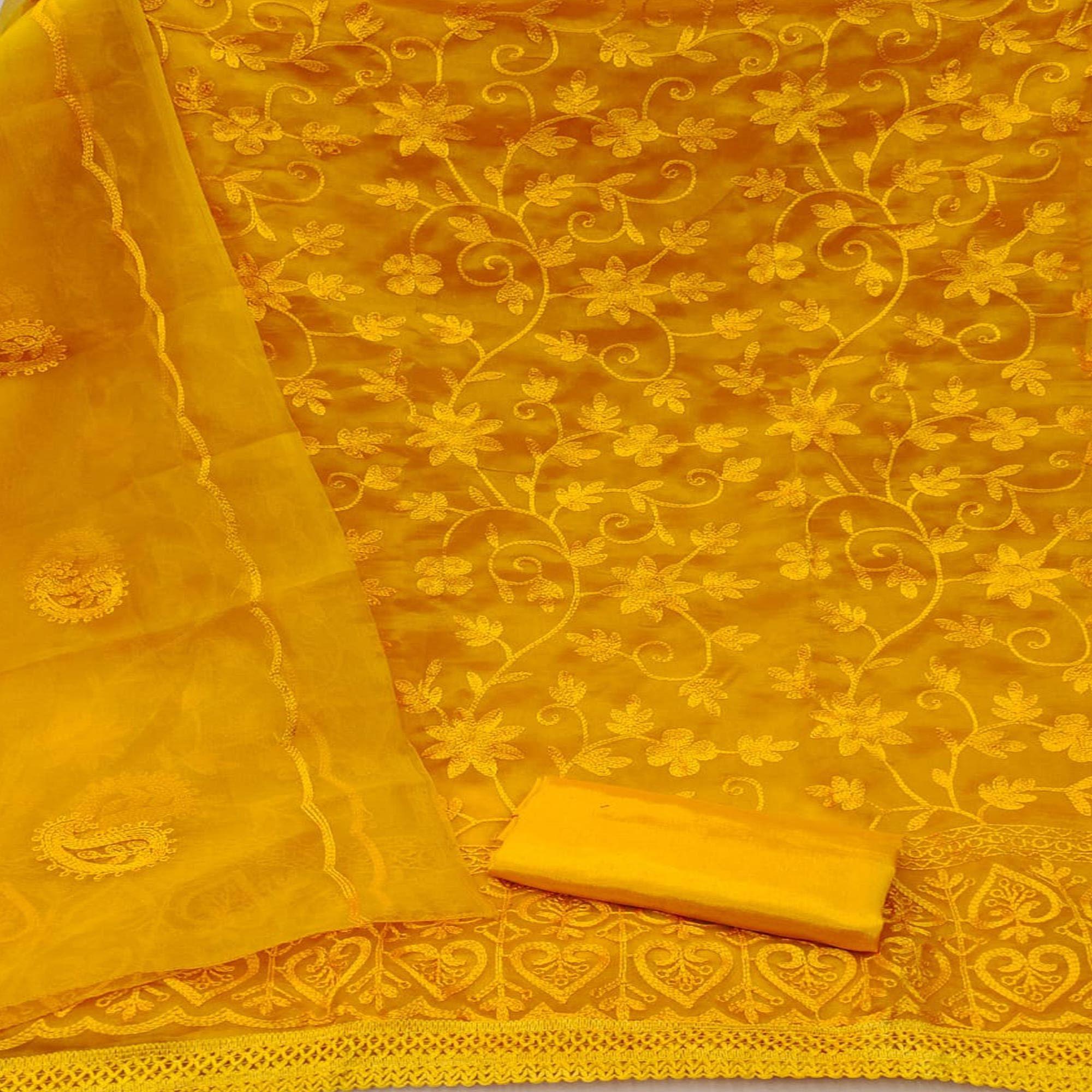 Yellow Lucknowi Embroidered Organza Dress Material - Peachmode