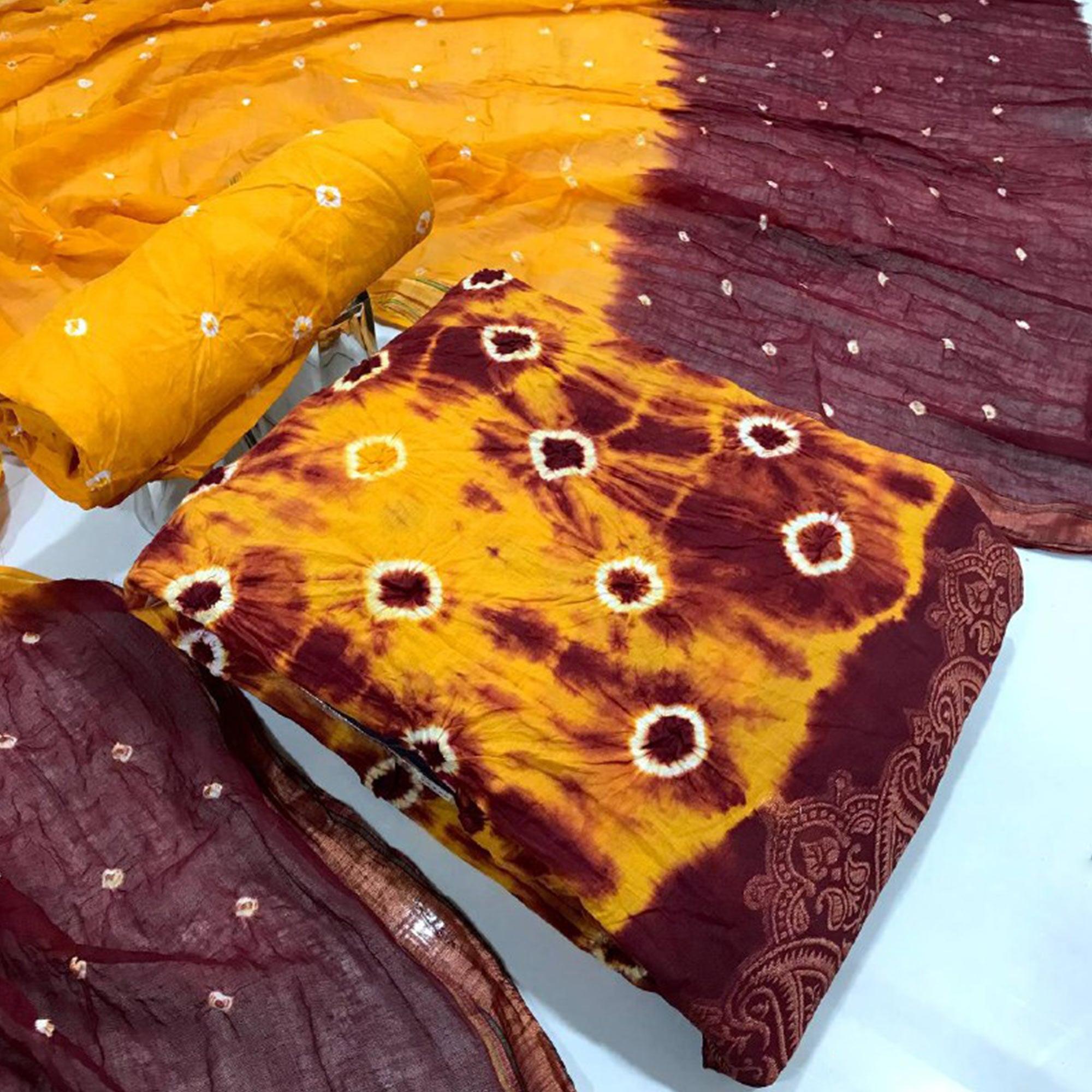 Yellow-Maroon Bandhani Printed Pure Cotton Dress Material - Peachmode