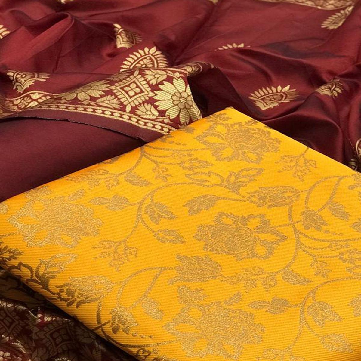 Yellow-Maroon Festive Wear Woven Banarasi Silk Dress Material - Peachmode