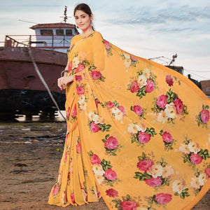 Yellow-Multicolor Festive Wear Floral Printed Georgette Saree - Peachmode
