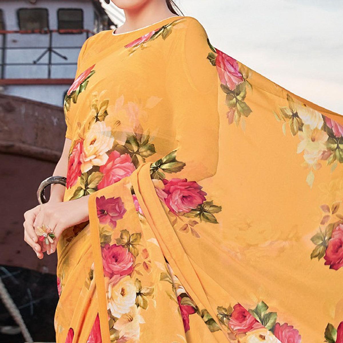 Yellow-Multicolor Festive Wear Floral Printed Georgette Saree - Peachmode