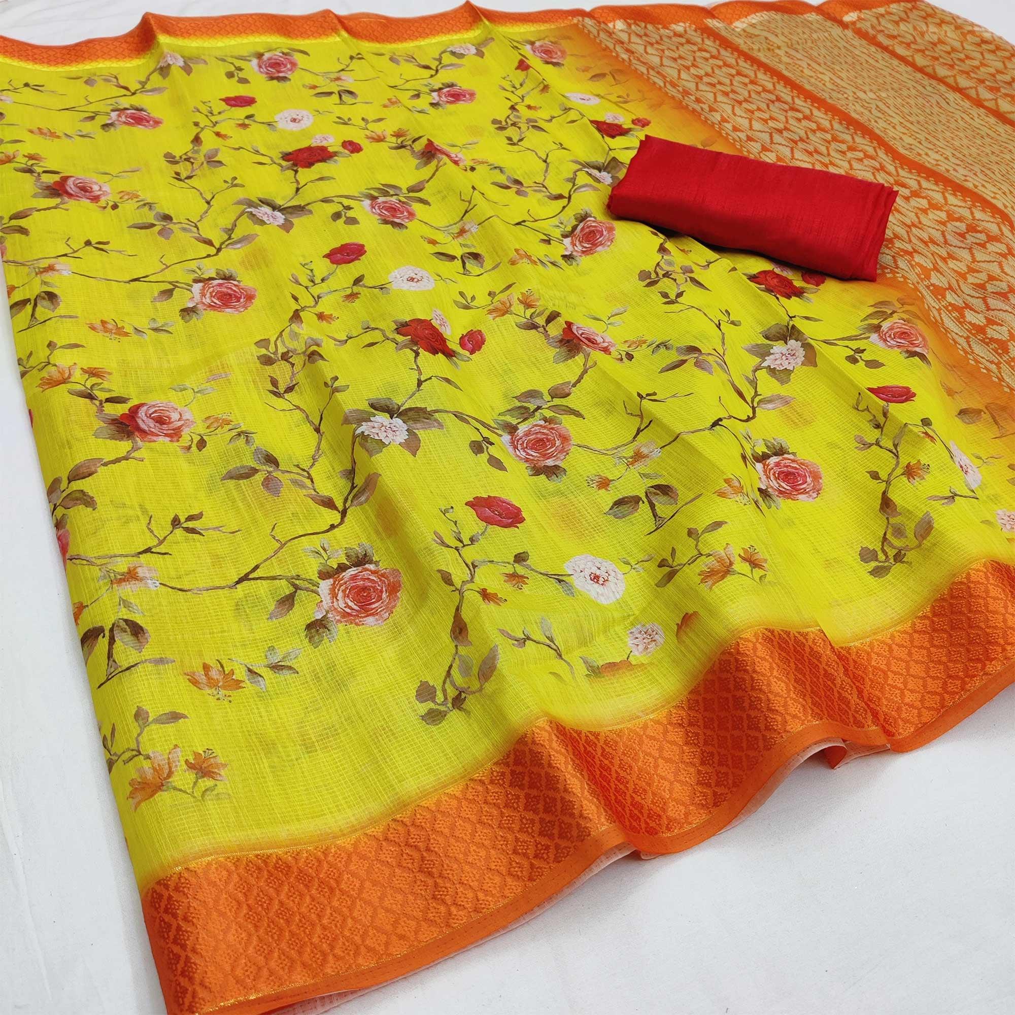 Yellow-Orange Festive Wear Floral Digital Printed With Woven Border Soft Cotton Saree - Peachmode