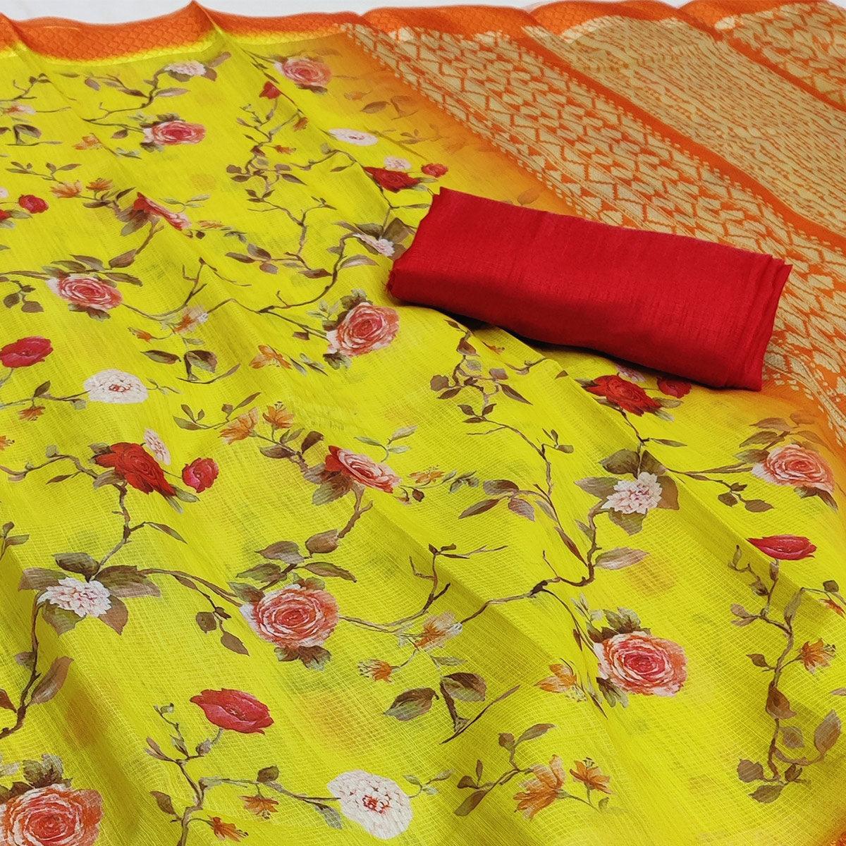 Yellow-Orange Festive Wear Floral Digital Printed With Woven Border Soft Cotton Saree - Peachmode