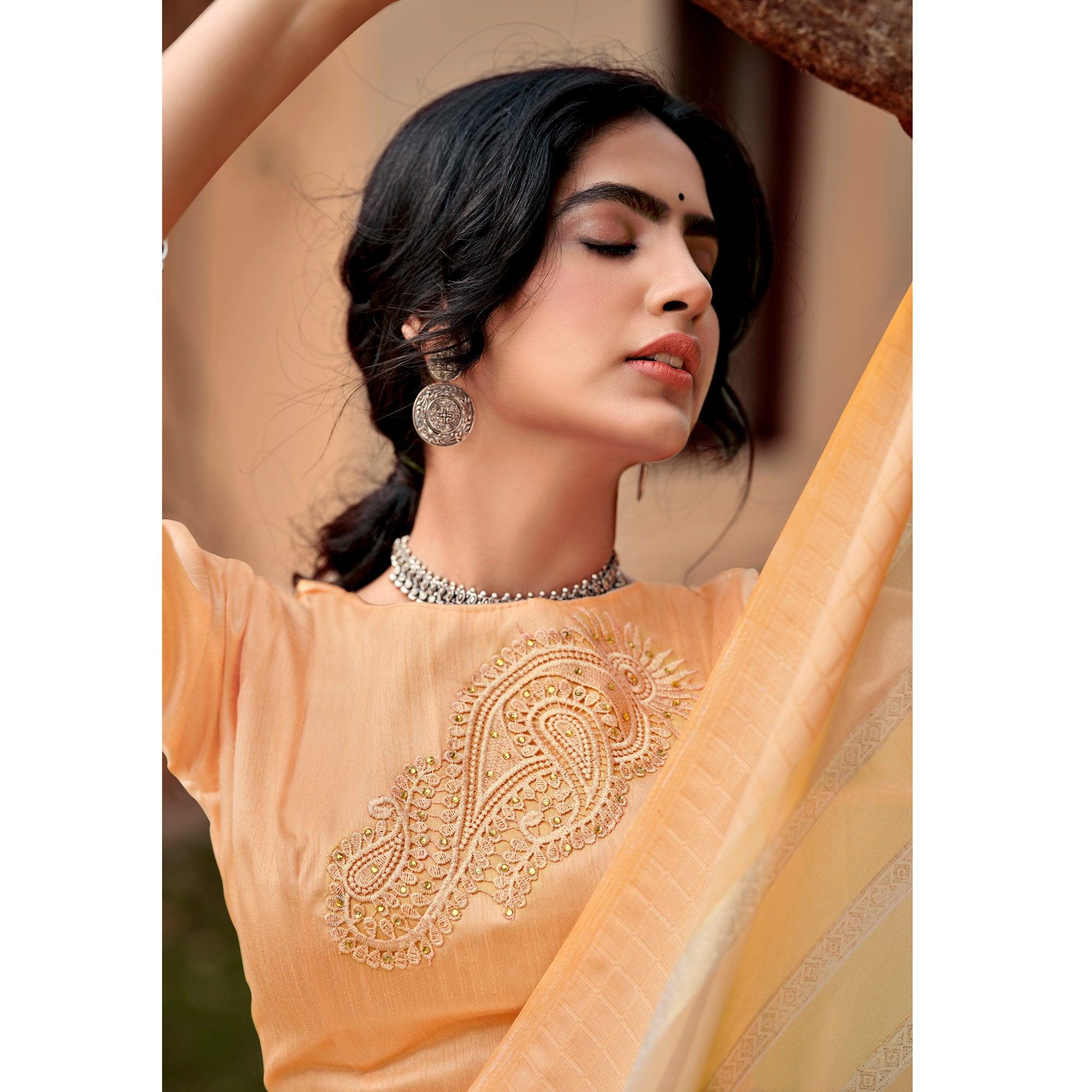Yellow-Orange Party Wear Foil Printed Georgette Saree With Tassels - Peachmode