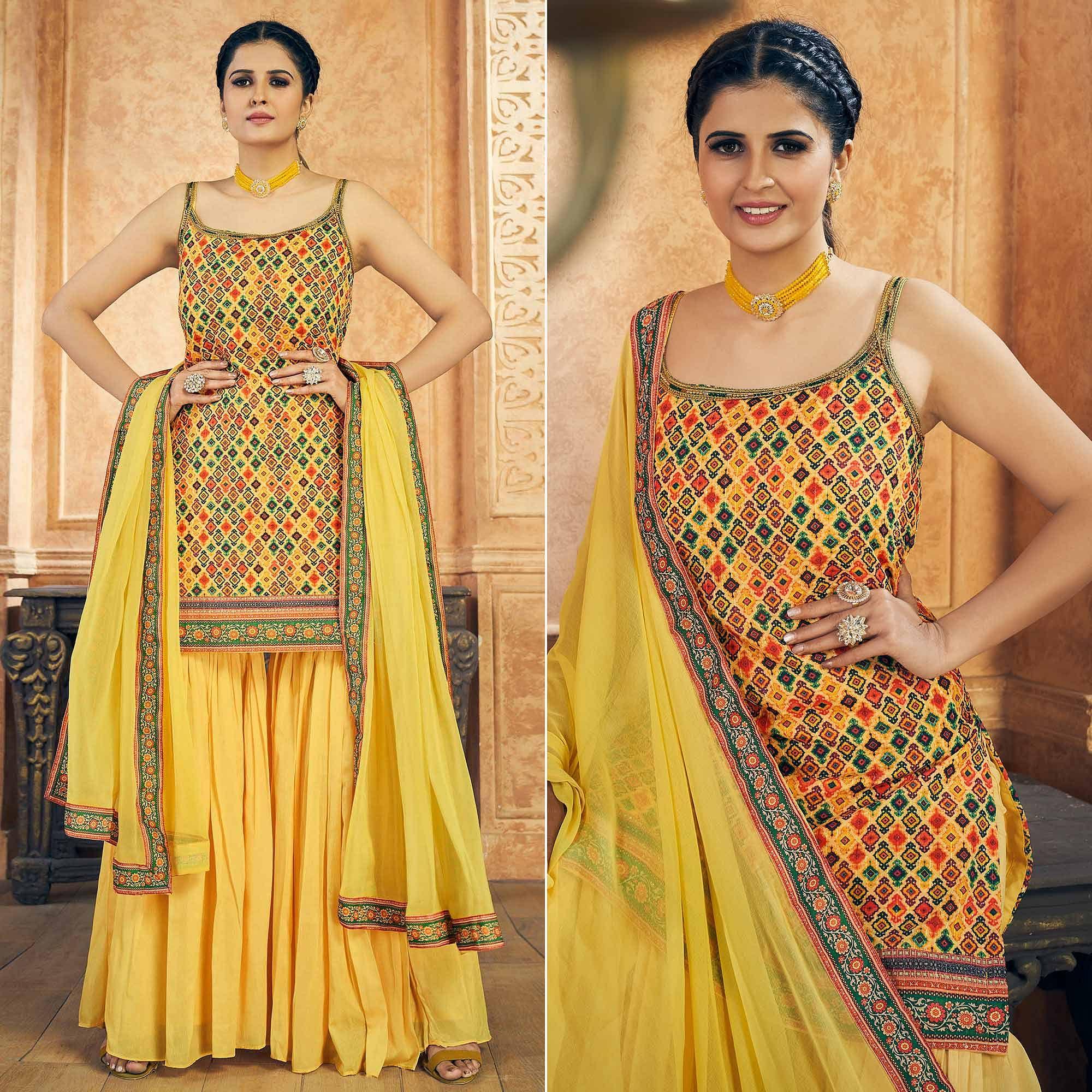 Yellow Party Wear Embroiddered Chiffon Sharara Suit - Peachmode