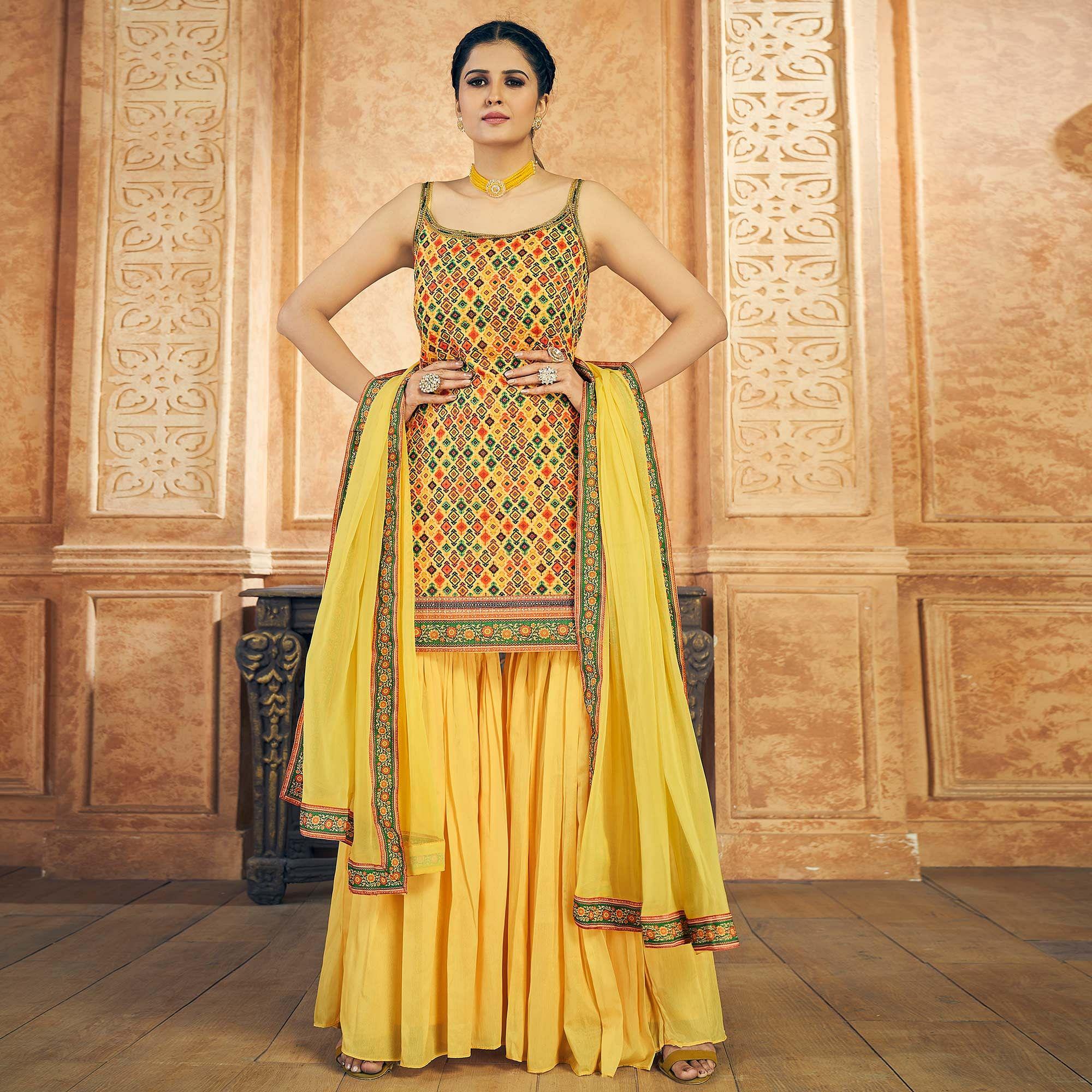 Yellow Party Wear Embroiddered Chiffon Sharara Suit - Peachmode