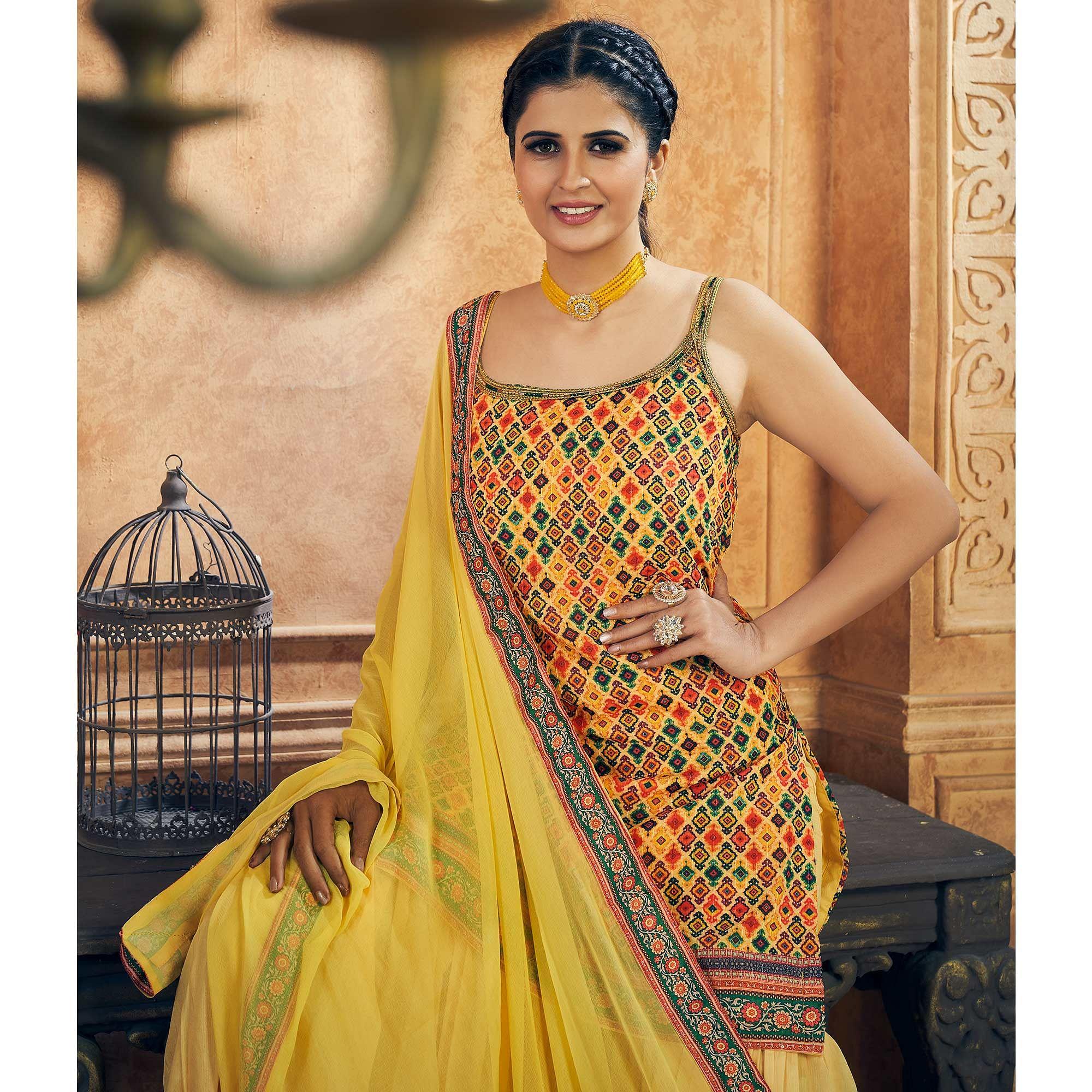 Yellow Party Wear Embroiddered Chiffon Sharara Suit - Peachmode