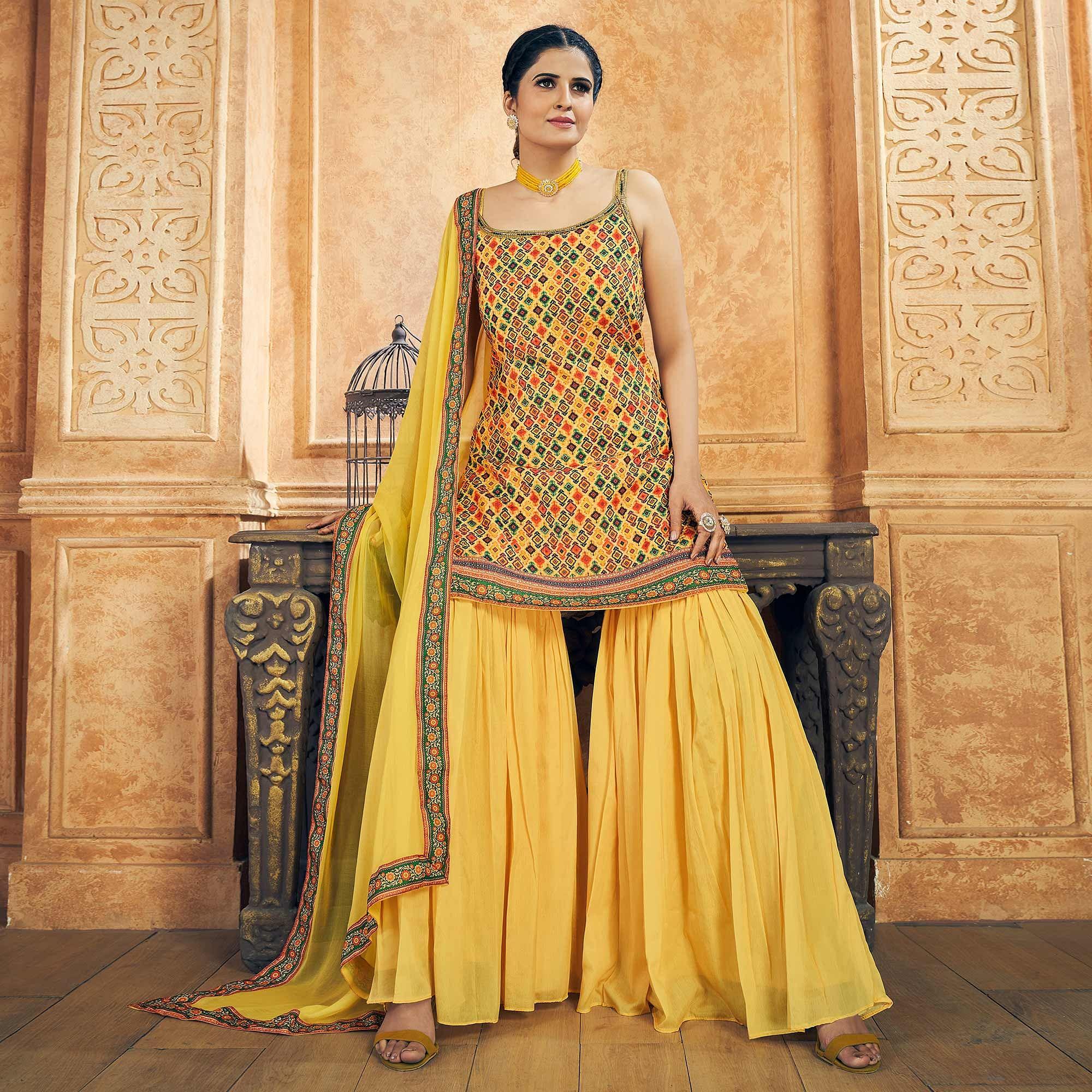 Yellow Party Wear Embroiddered Chiffon Sharara Suit - Peachmode