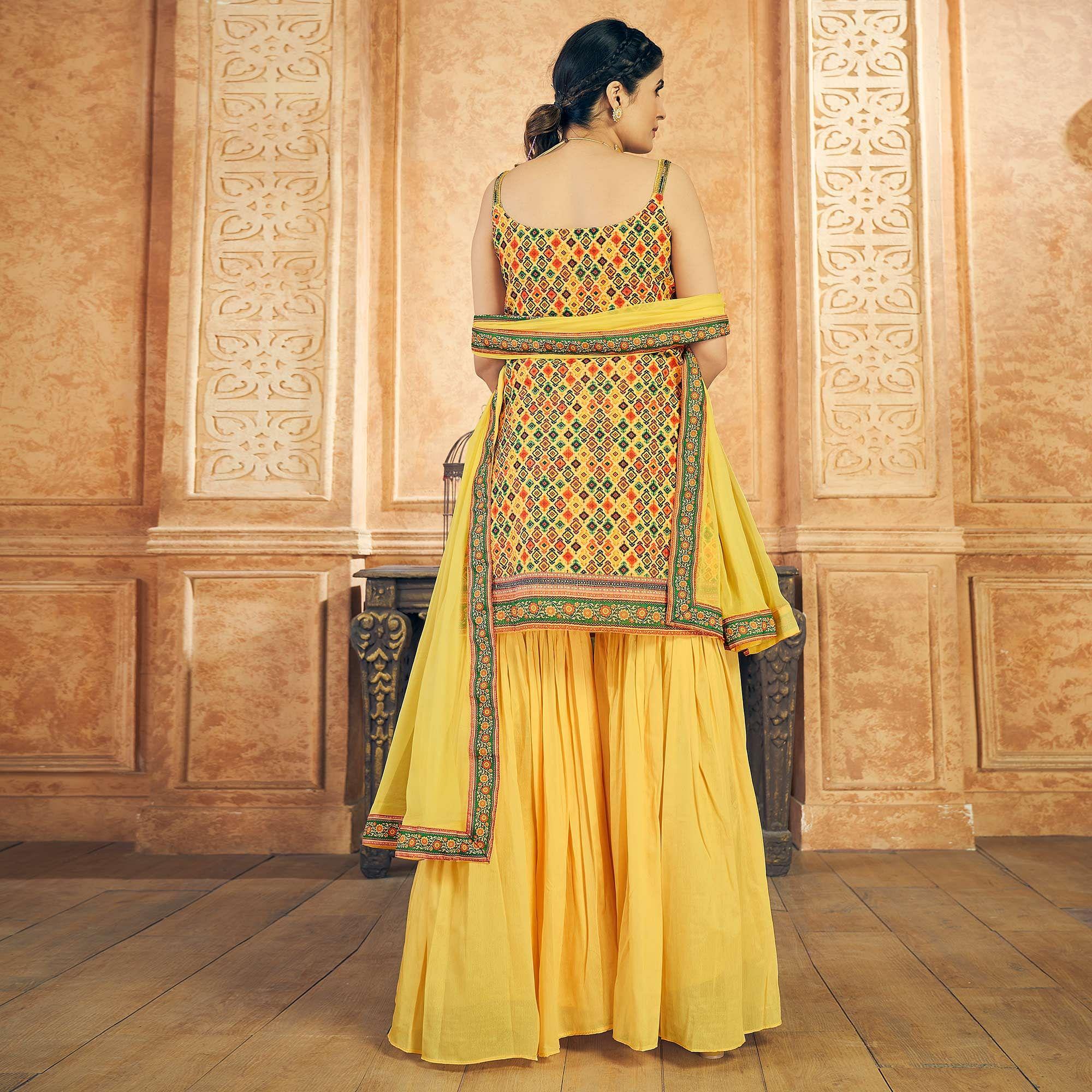 Yellow Party Wear Embroiddered Chiffon Sharara Suit - Peachmode