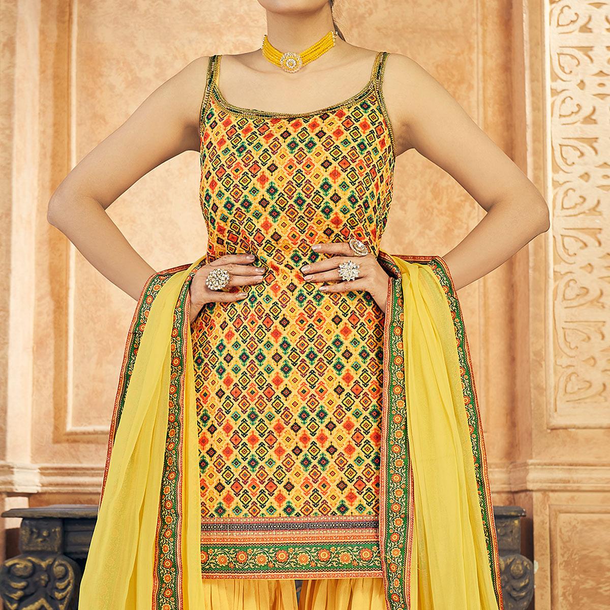 Yellow Party Wear Embroiddered Chiffon Sharara Suit - Peachmode