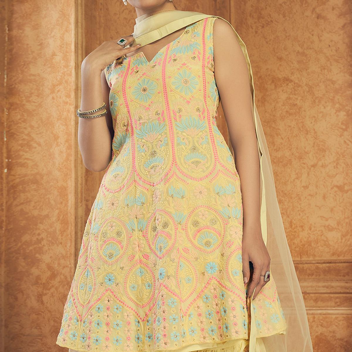 Yellow Party Wear Embroiddered Georgette Sharara Suit - Peachmode