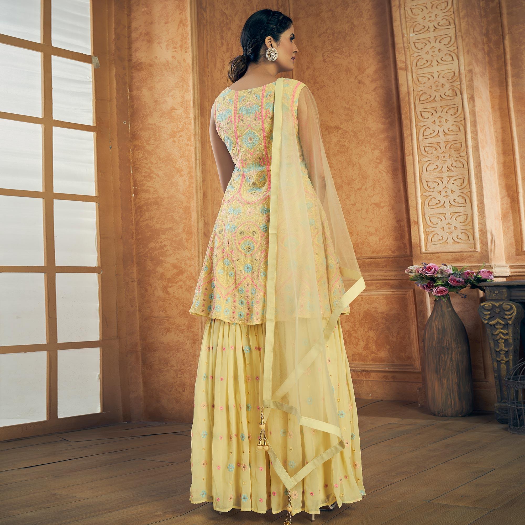 Yellow Party Wear Embroiddered Georgette Sharara Suit - Peachmode