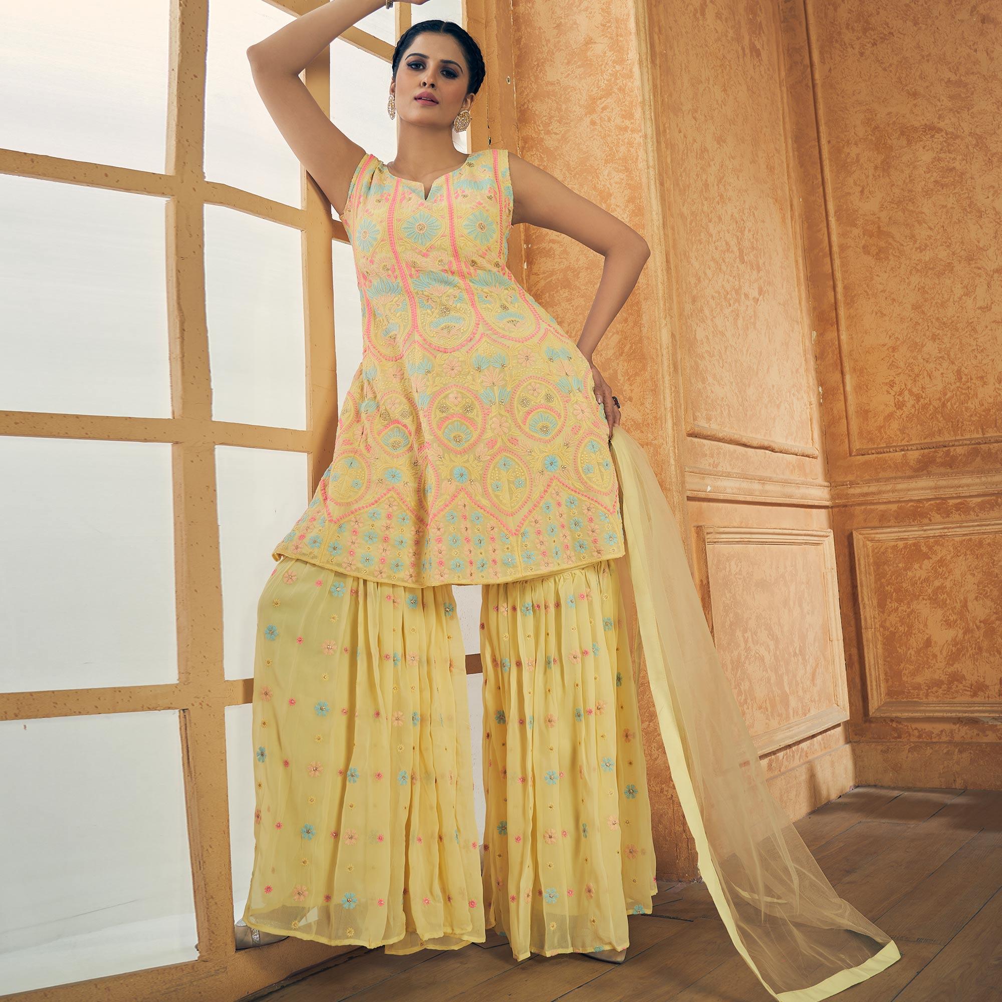 Yellow Party Wear Embroiddered Georgette Sharara Suit - Peachmode