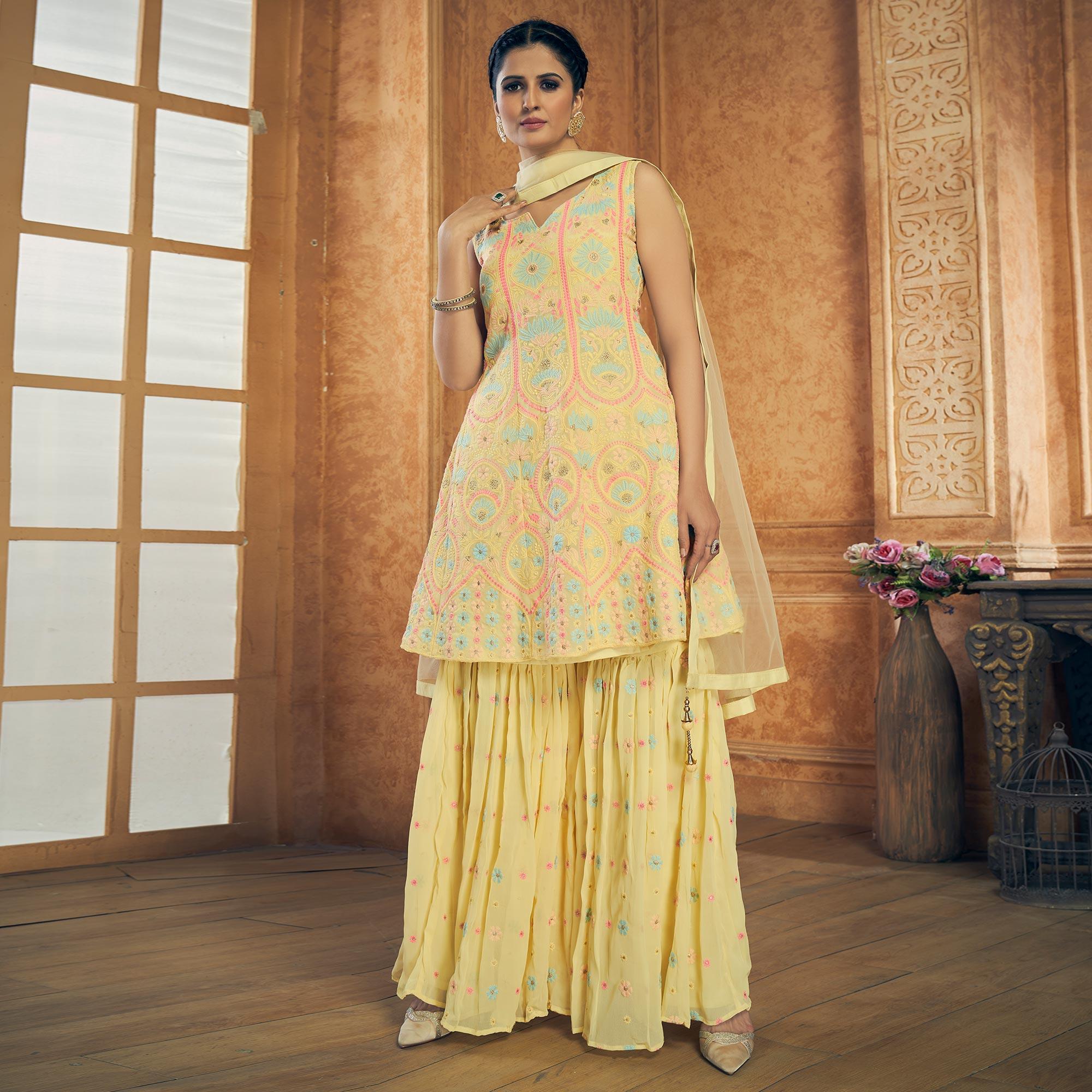 Yellow Party Wear Embroiddered Georgette Sharara Suit - Peachmode