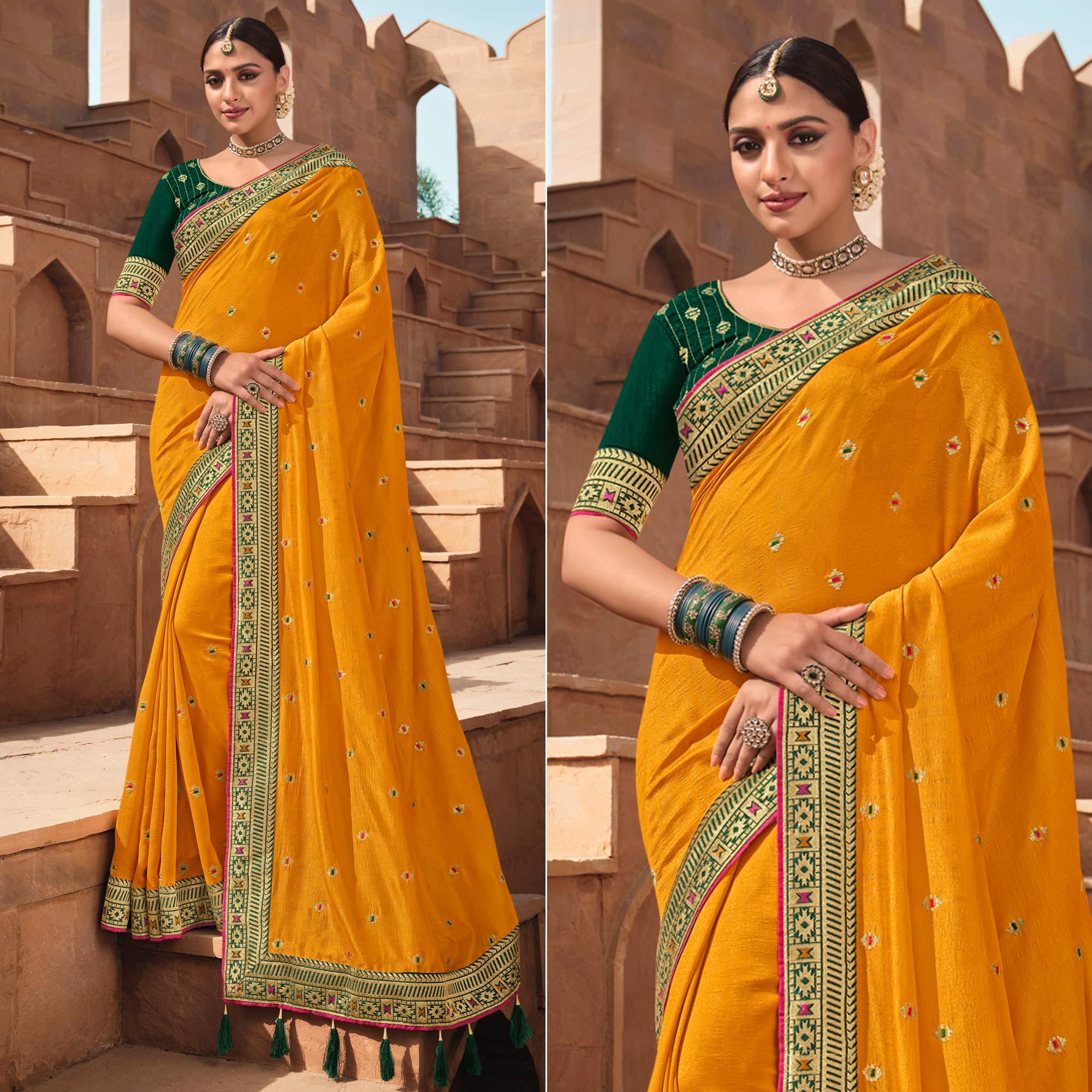 Yellow Party Wear Embroidered Art Silk Saree - Peachmode