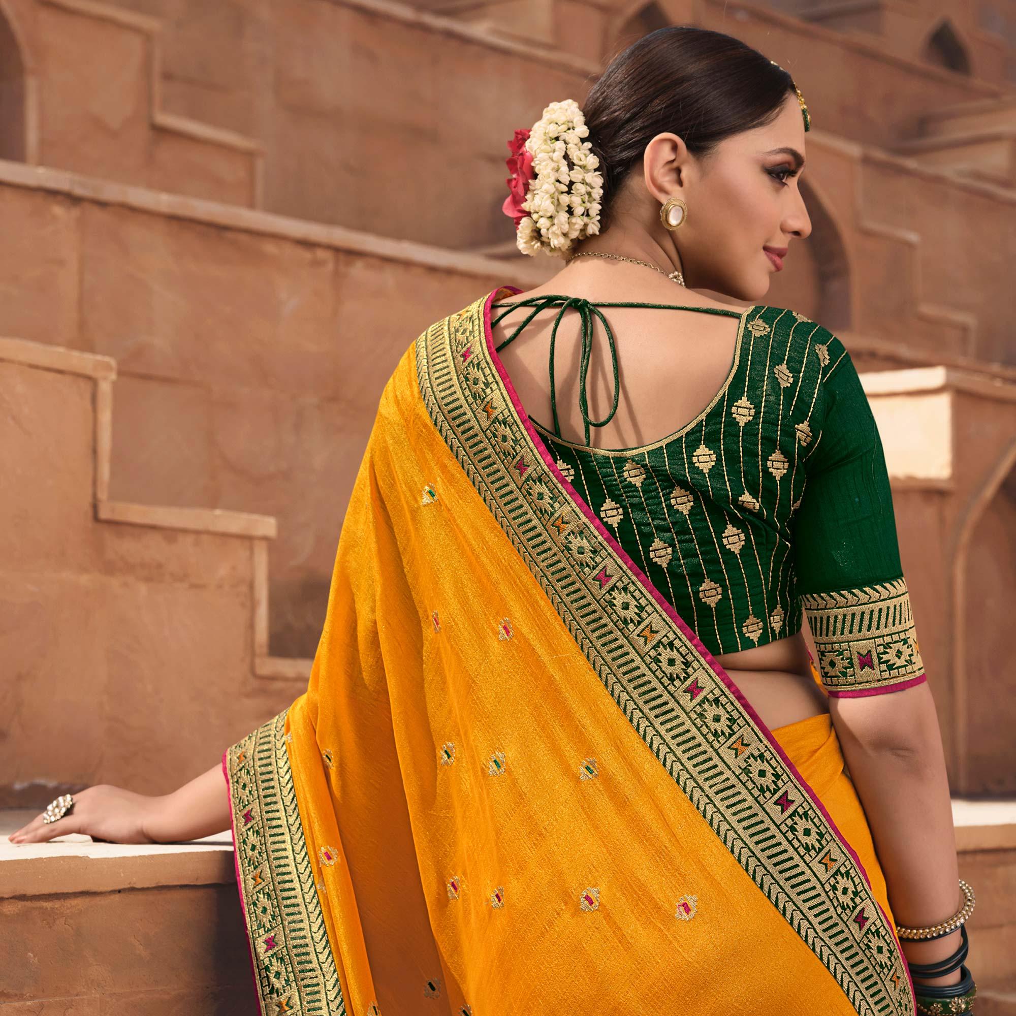 Yellow Party Wear Embroidered Art Silk Saree - Peachmode
