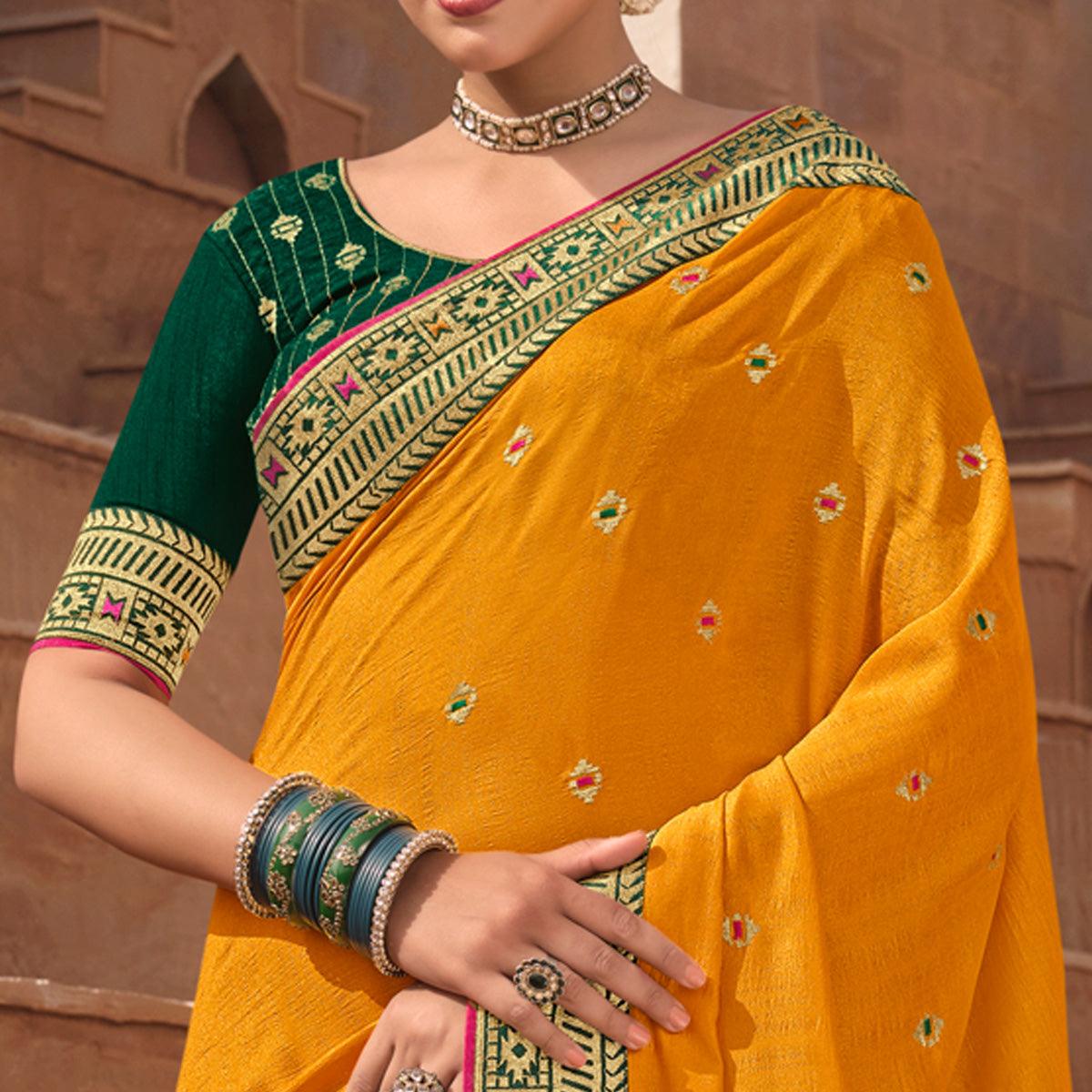 Yellow Party Wear Embroidered Art Silk Saree - Peachmode