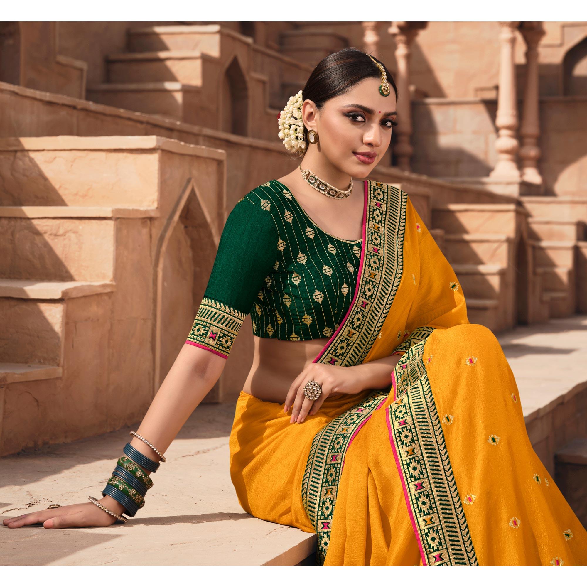 Yellow Party Wear Embroidered Art Silk Saree - Peachmode