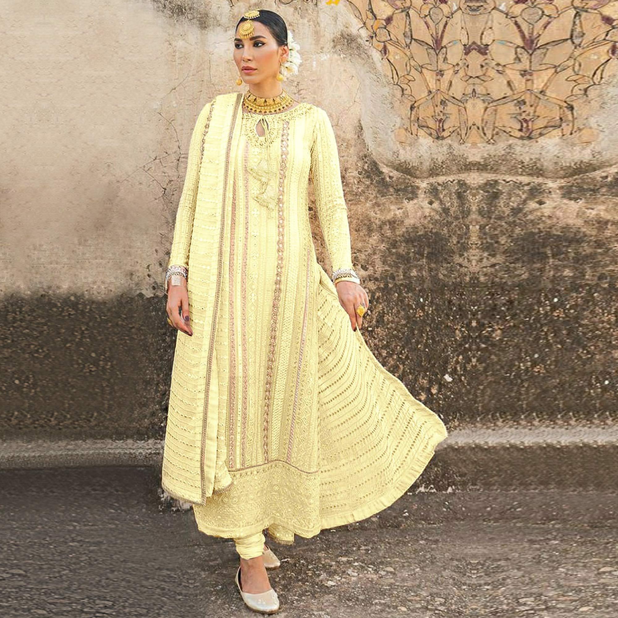 Yellow Party Wear Embroidered Georgette Suit - Peachmode