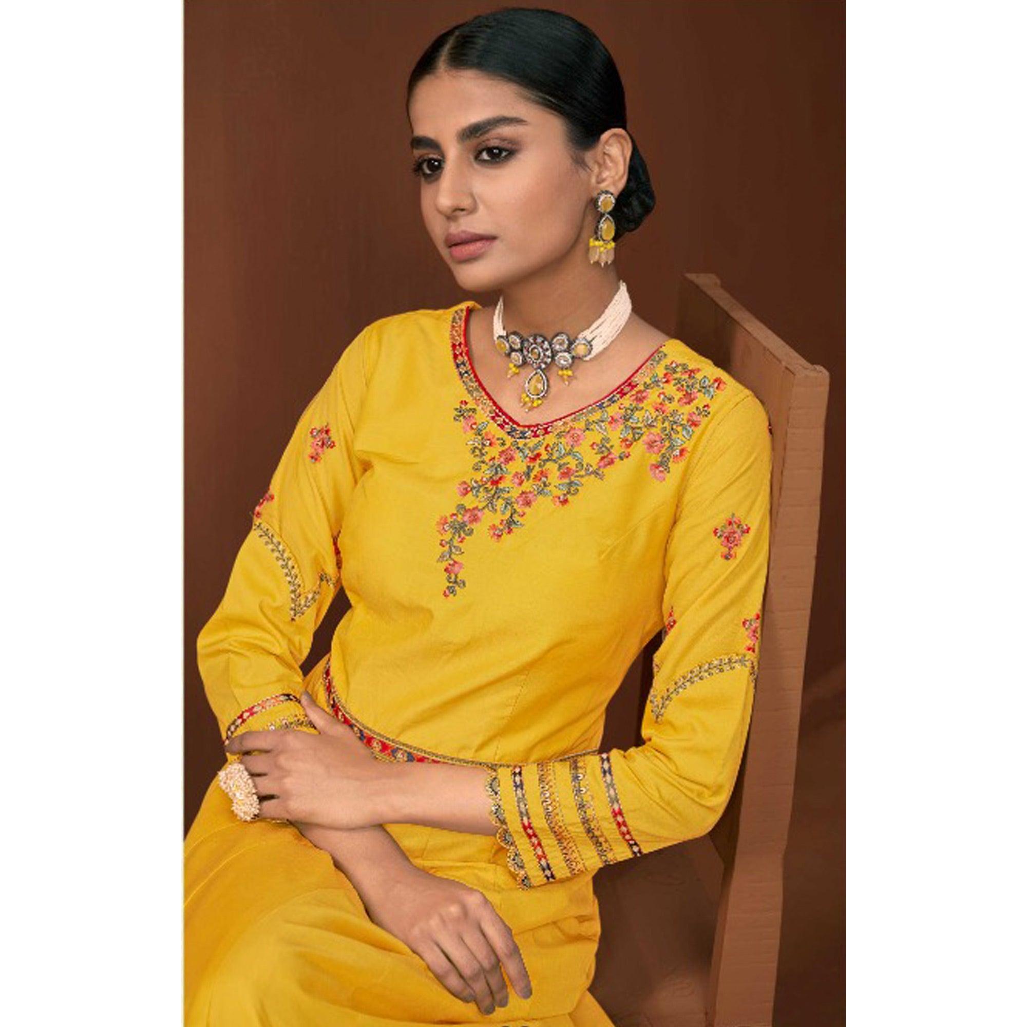 Yellow Party Wear Embroidered Muslin Cotton Silk Gown - Peachmode