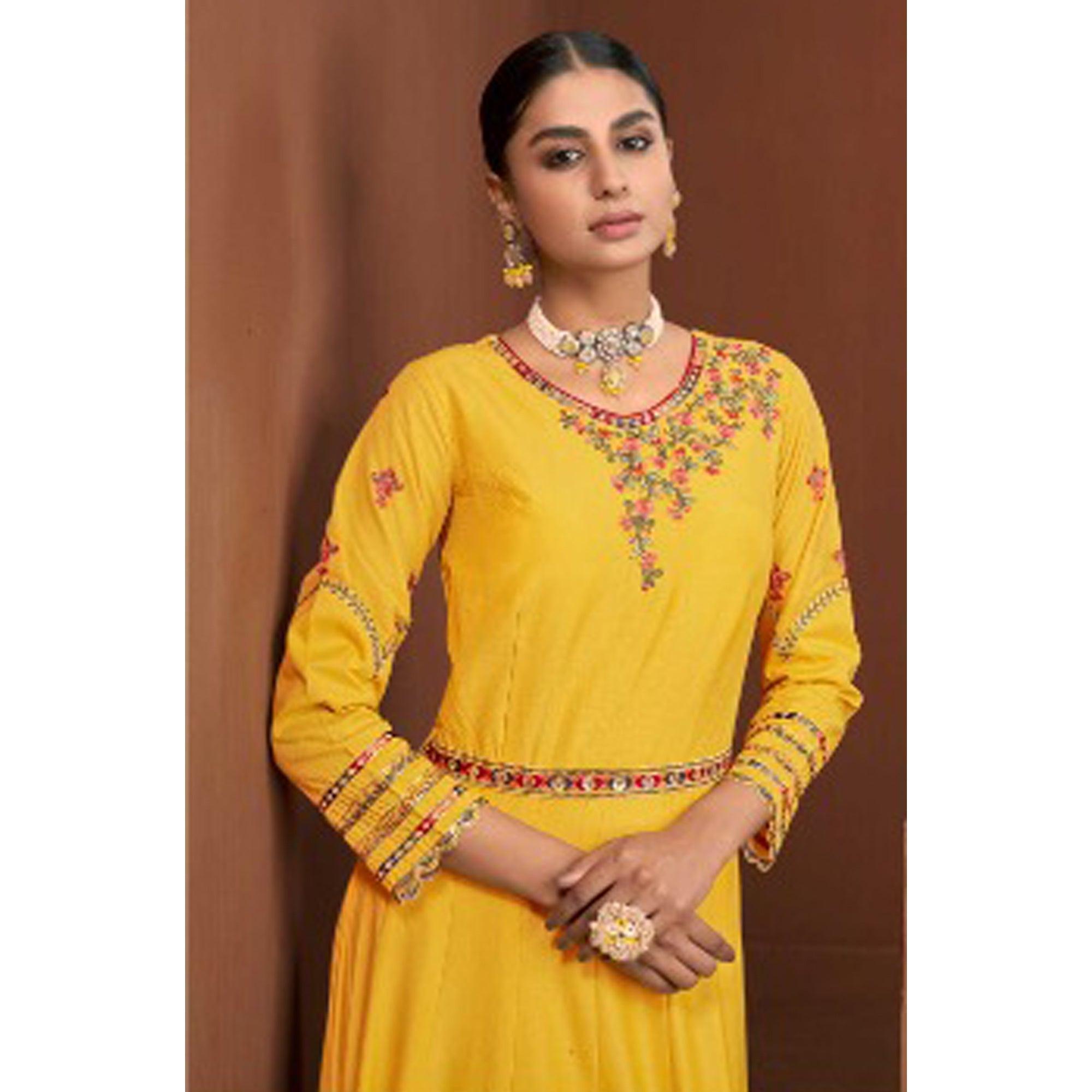 Yellow Party Wear Embroidered Muslin Cotton Silk Gown - Peachmode