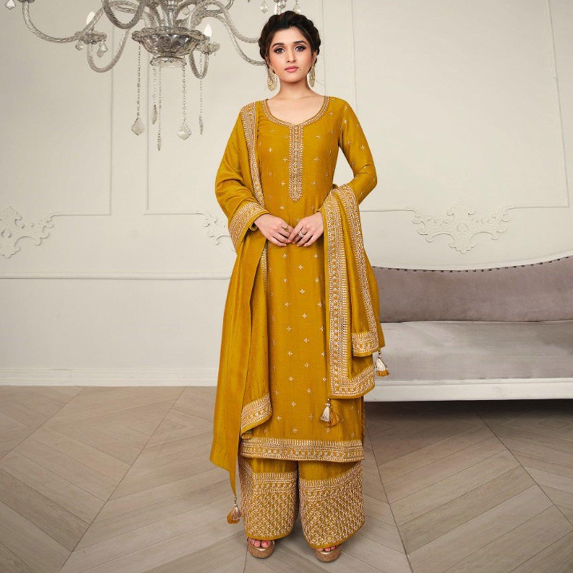 Yellow Party Wear Embroidered Silk Georgette Palazzo Suit - Peachmode