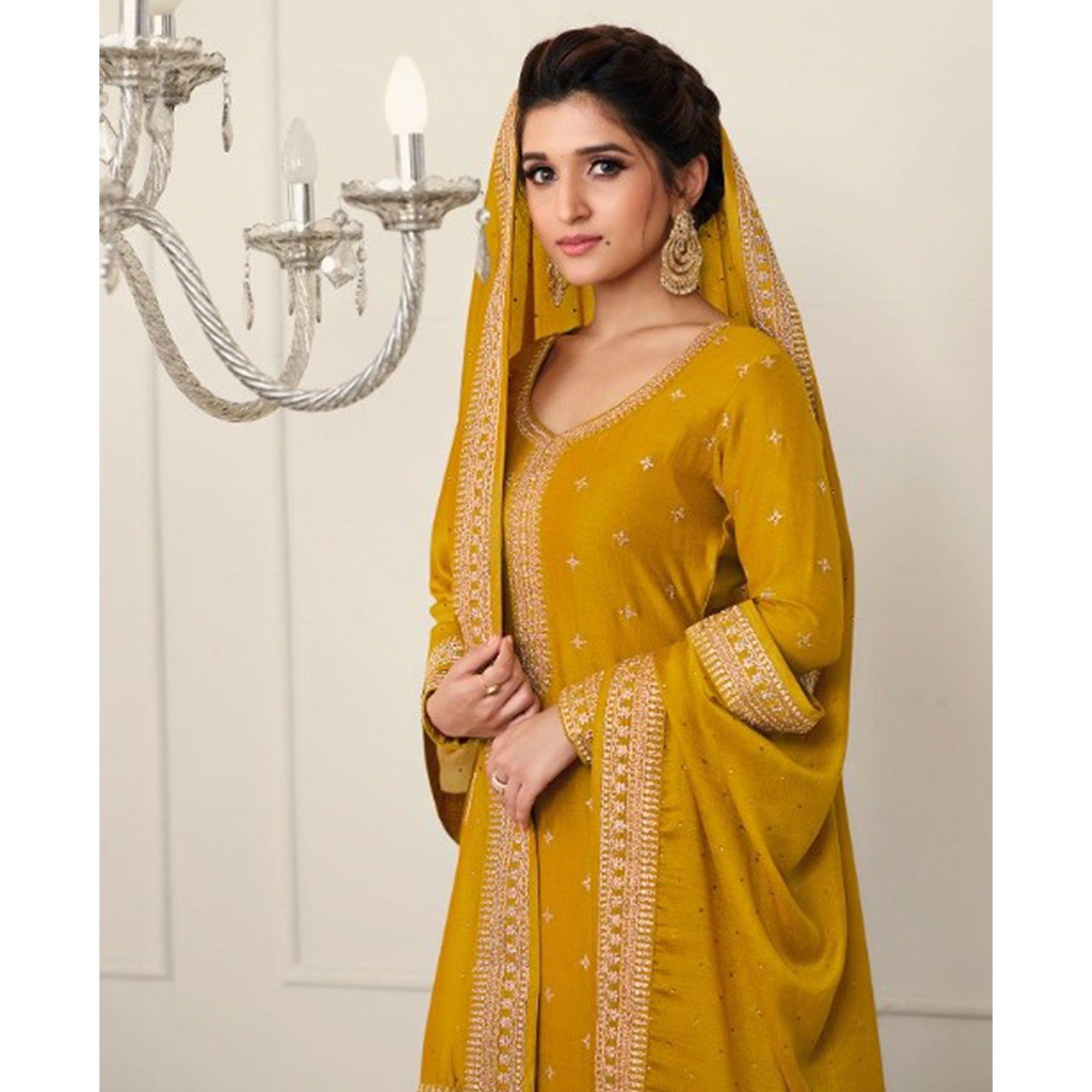Yellow Party Wear Embroidered Silk Georgette Palazzo Suit - Peachmode