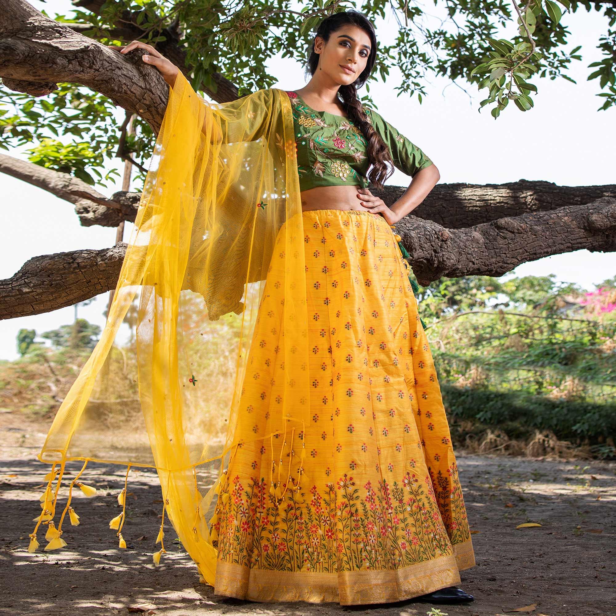 Yellow Party Wear Embroidered Soft Silk Lehenga Choli - Peachmode