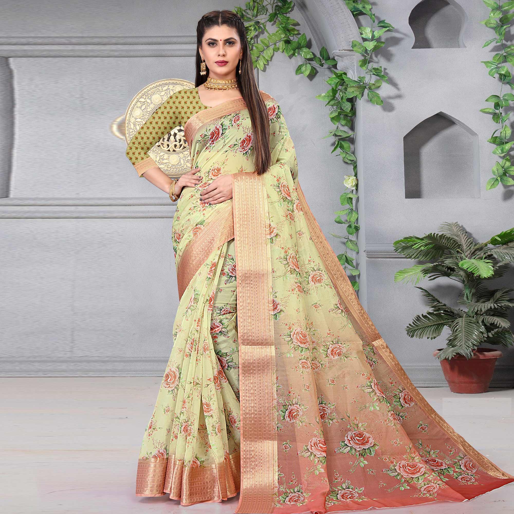 Yellow Party Wear Floral Digital Printed With Jacquard Border Soft Georgette Saree - Peachmode