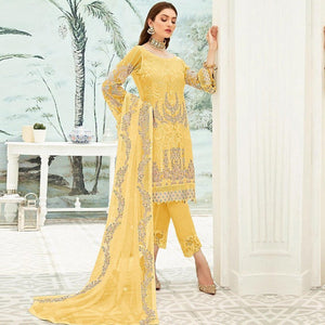 Yellow Party Wear Floral Embroidered Georgette Straight Salwar Suit - Peachmode
