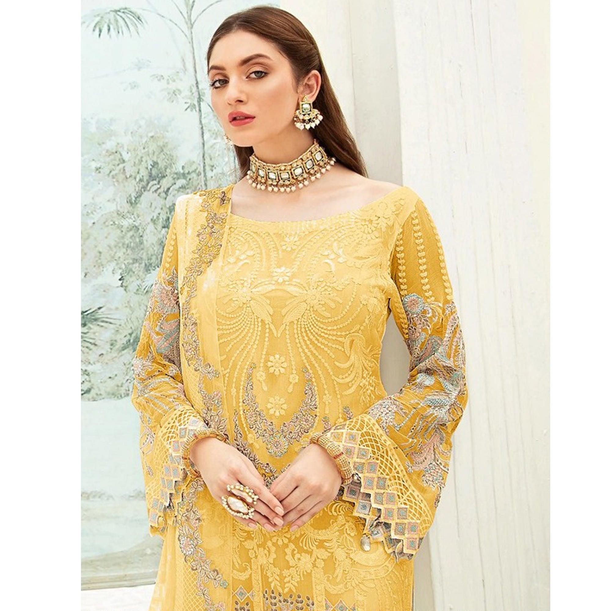 Yellow Party Wear Floral Embroidered Georgette Straight Salwar Suit - Peachmode