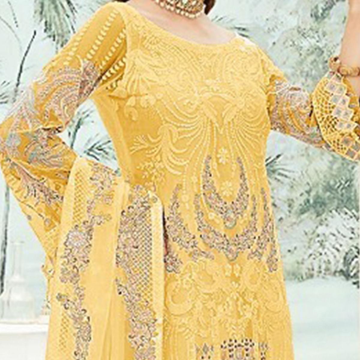 Yellow Party Wear Floral Embroidered Georgette Straight Salwar Suit - Peachmode