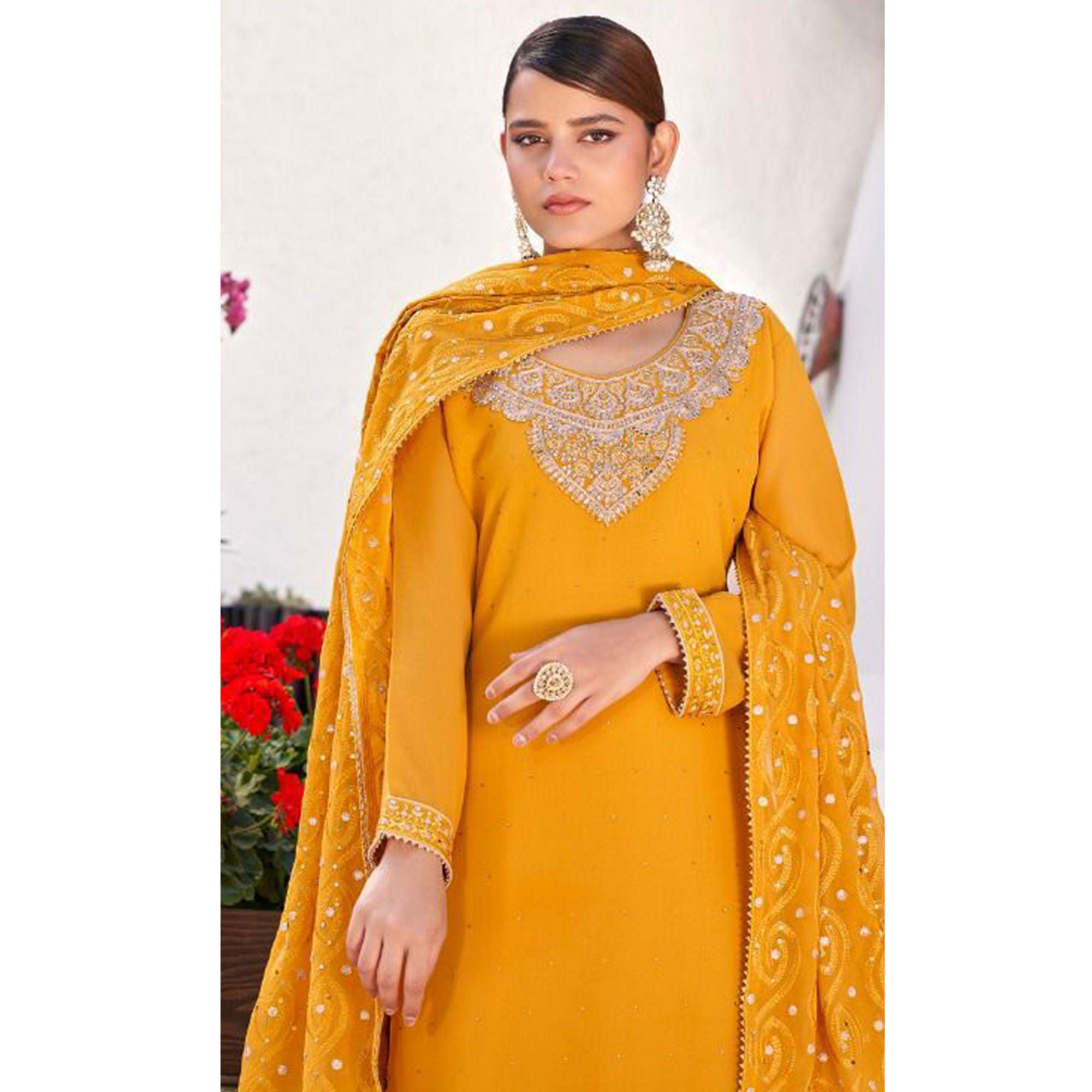 Yellow Party Wear Heavy Embroidered Georgette Suit - Peachmode