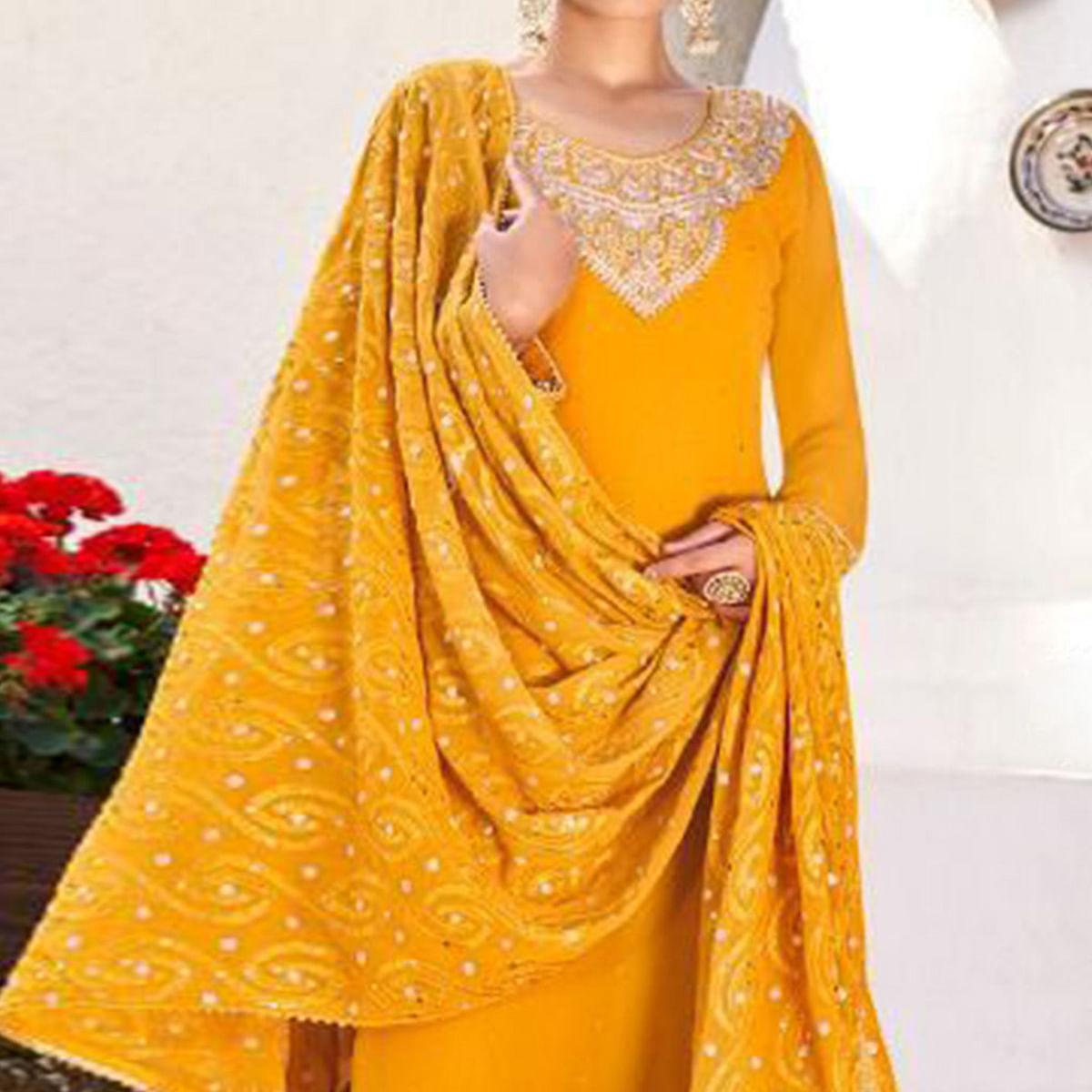 Yellow Party Wear Heavy Embroidered Georgette Suit - Peachmode