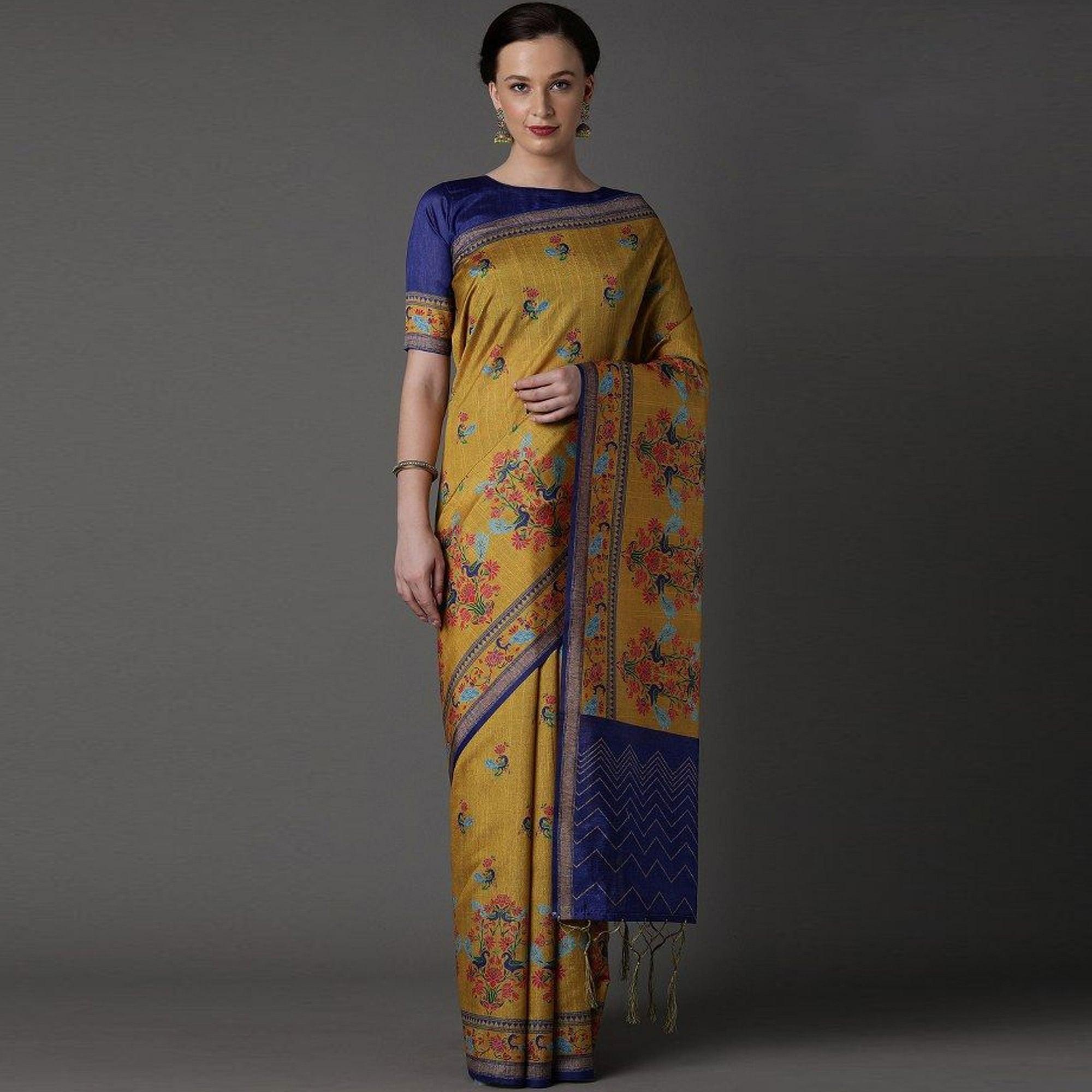 Yellow Party Wear Satin Printed Saree With Unstitched Blouse - Peachmode