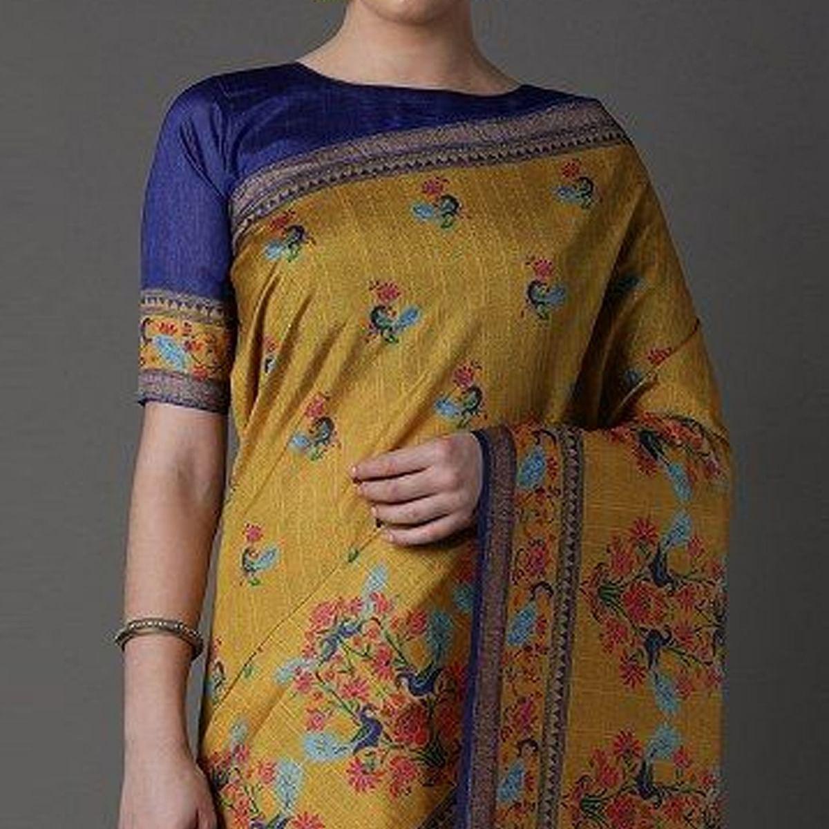 Yellow Party Wear Satin Printed Saree With Unstitched Blouse - Peachmode