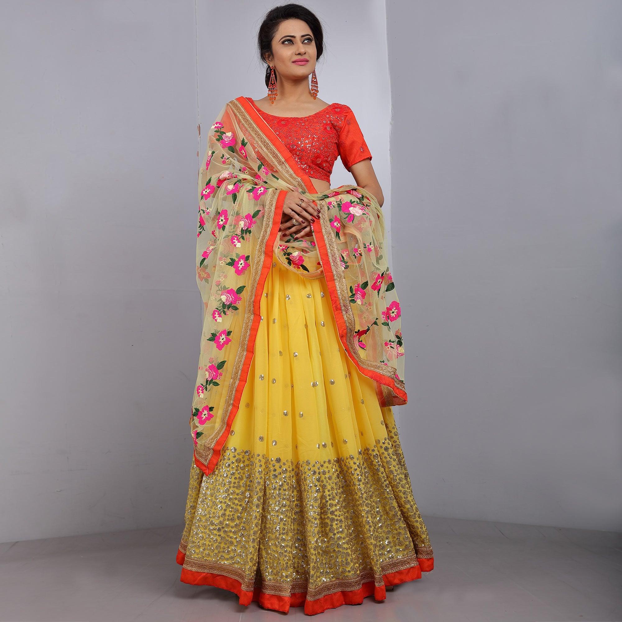 Yellow Party Wear Sequence Embroidered Georgette Lehenga Choli - Peachmode