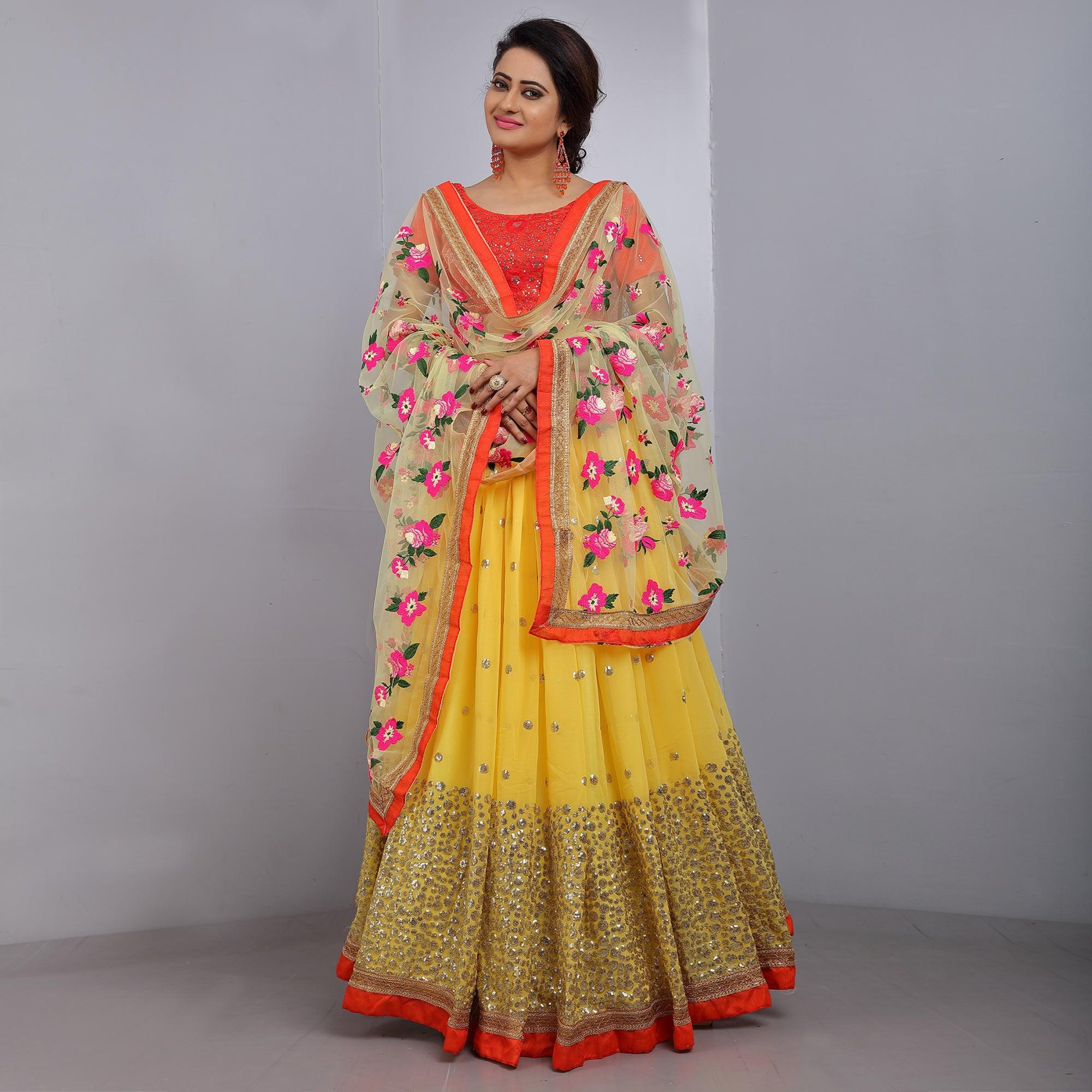 Yellow Party Wear Sequence Embroidered Georgette Lehenga Choli - Peachmode